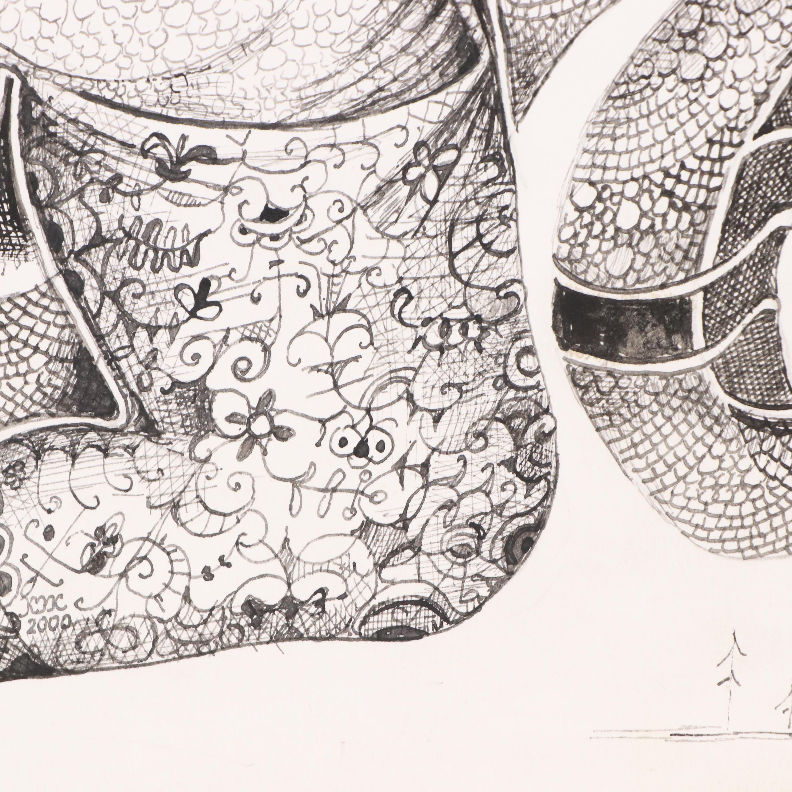 Nikolay "Kuk" Manuylov Surrealist Ink Drawing "Our Time Has Run Out," 21st C.