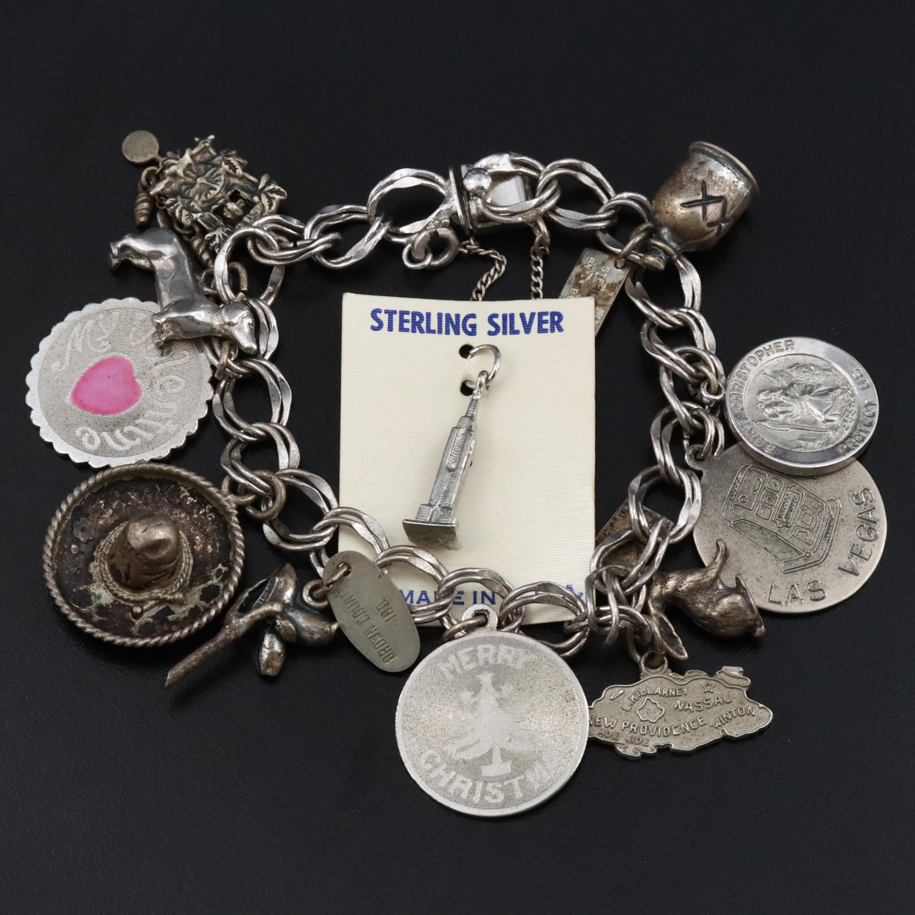 Vintage Sterling Enamel Charm Bracelet with Extra Charm