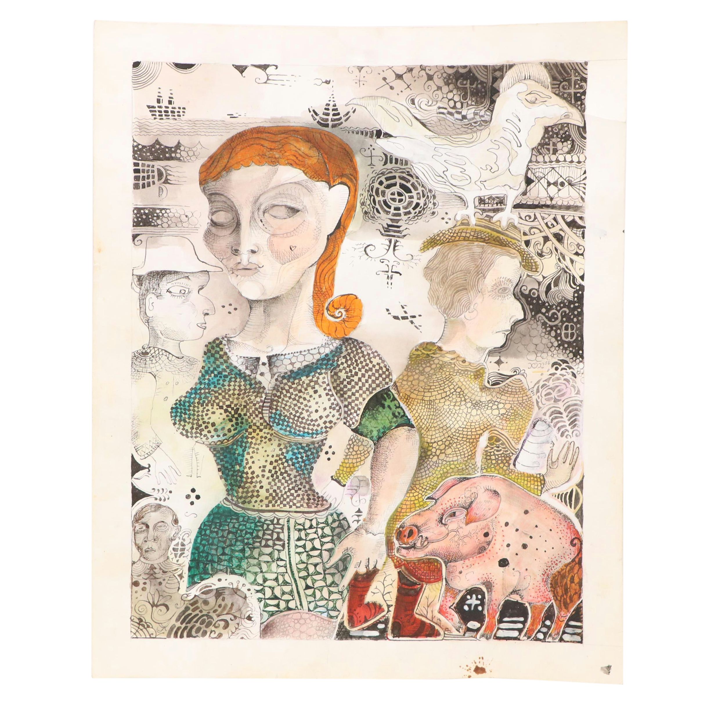 Nikolay "Kuk" Manuylov Figural Surrealist Mixed Media Drawing, 21st Century