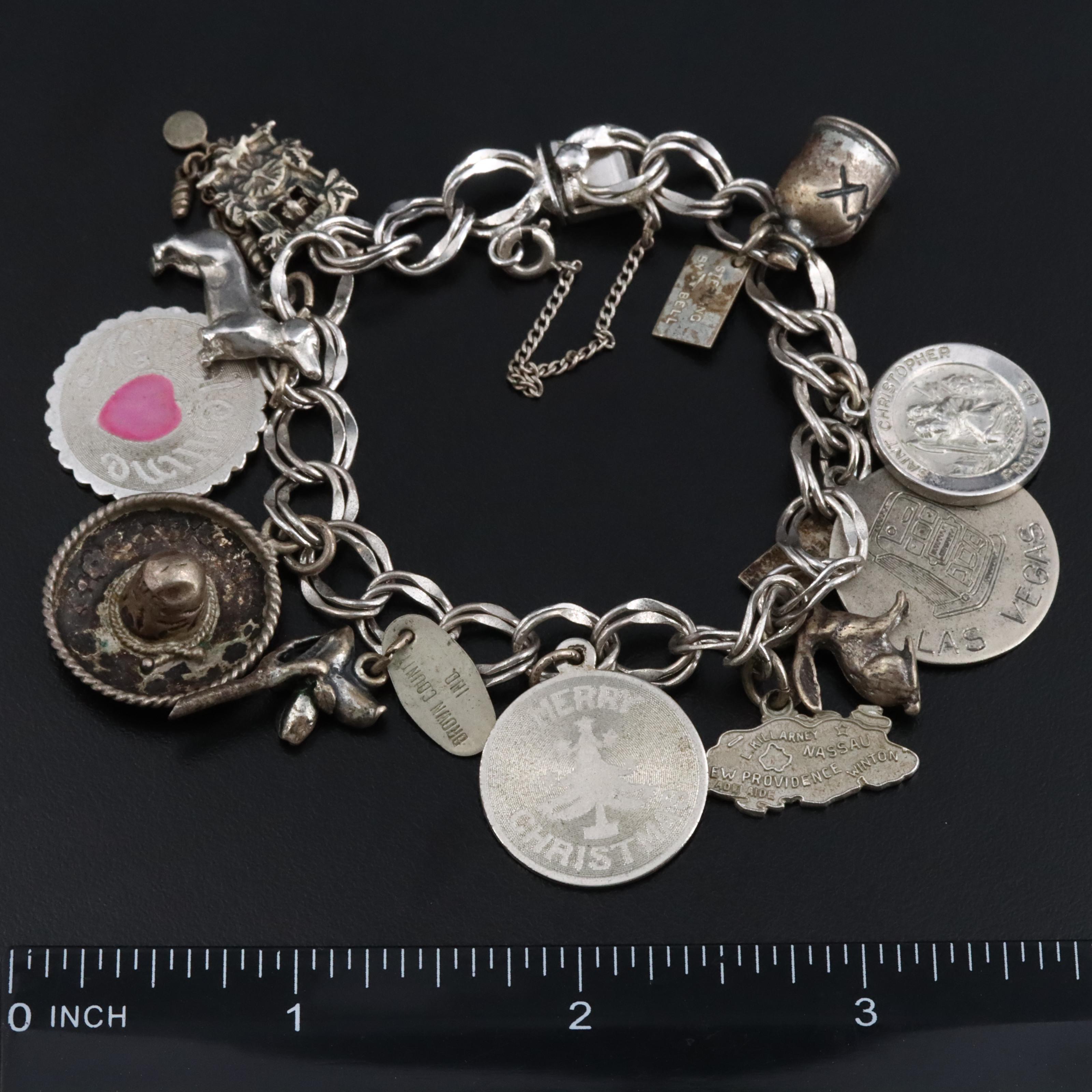 Vintage Sterling Enamel Charm Bracelet with Extra Charm