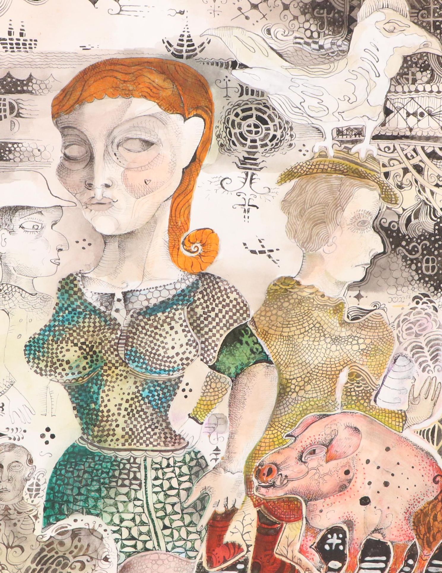 Nikolay "Kuk" Manuylov Figural Surrealist Mixed Media Drawing, 21st Century