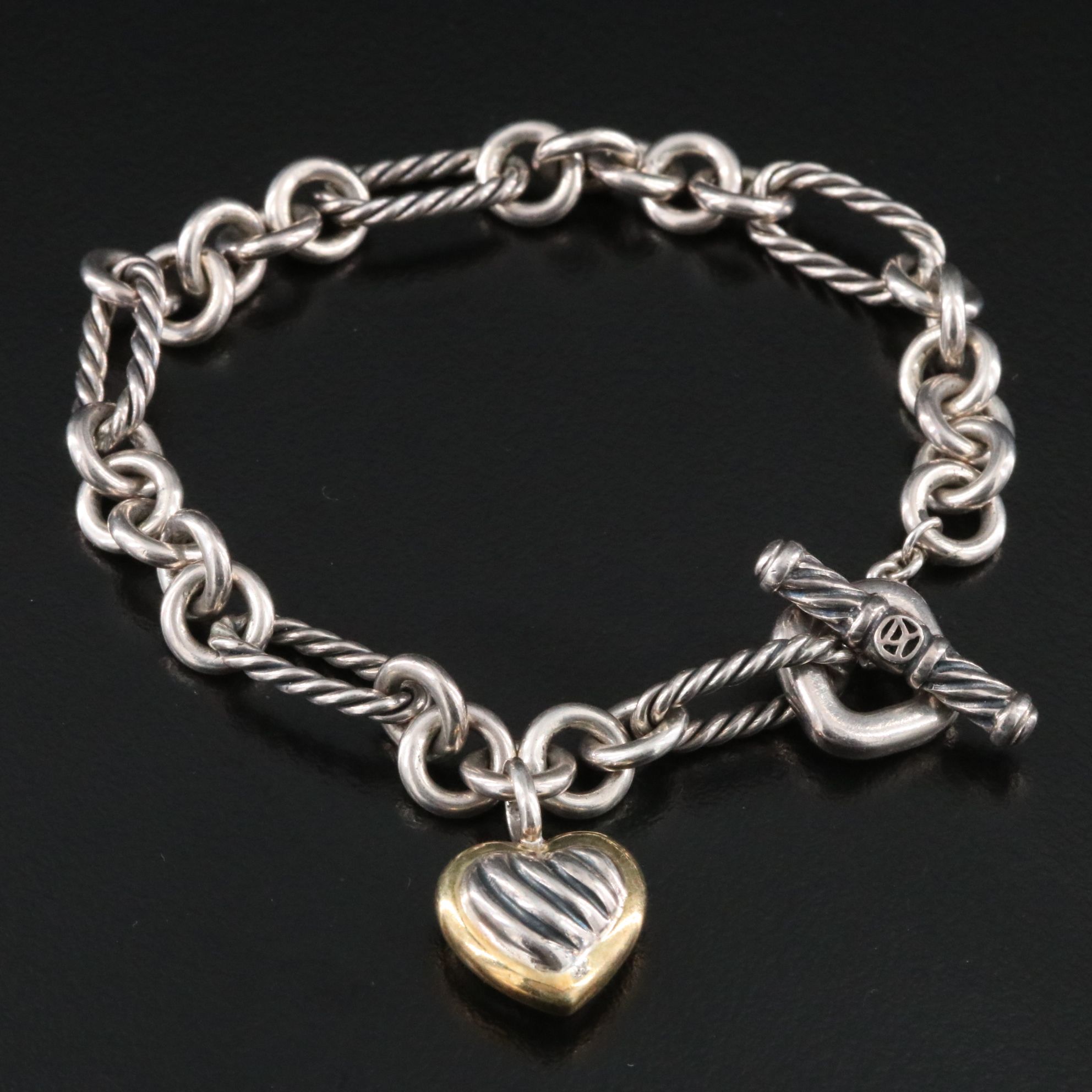 David Yurman Sterling and 18K Figaro Bracelet with Cable Heart Charm