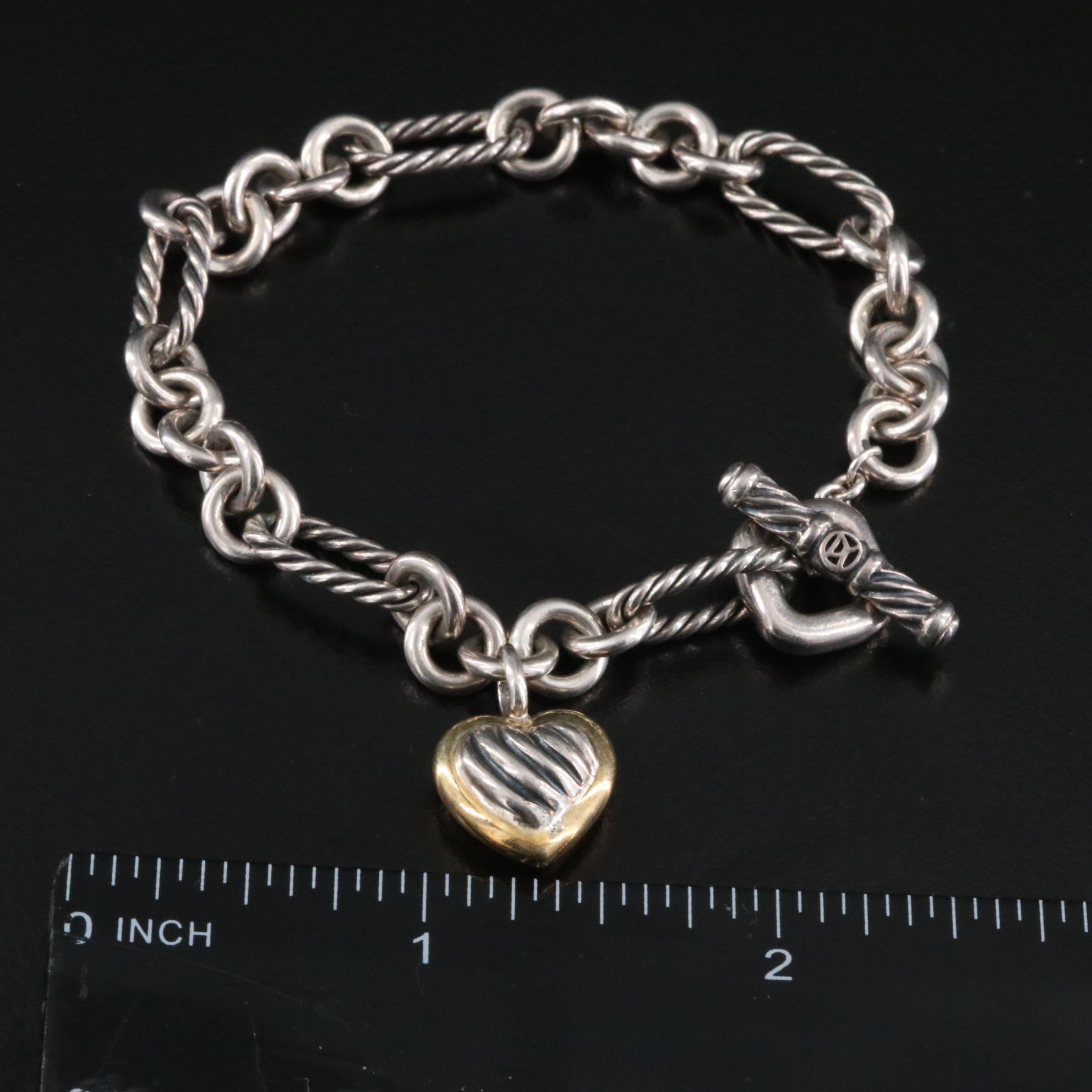 David Yurman Sterling and 18K Figaro Bracelet with Cable Heart Charm