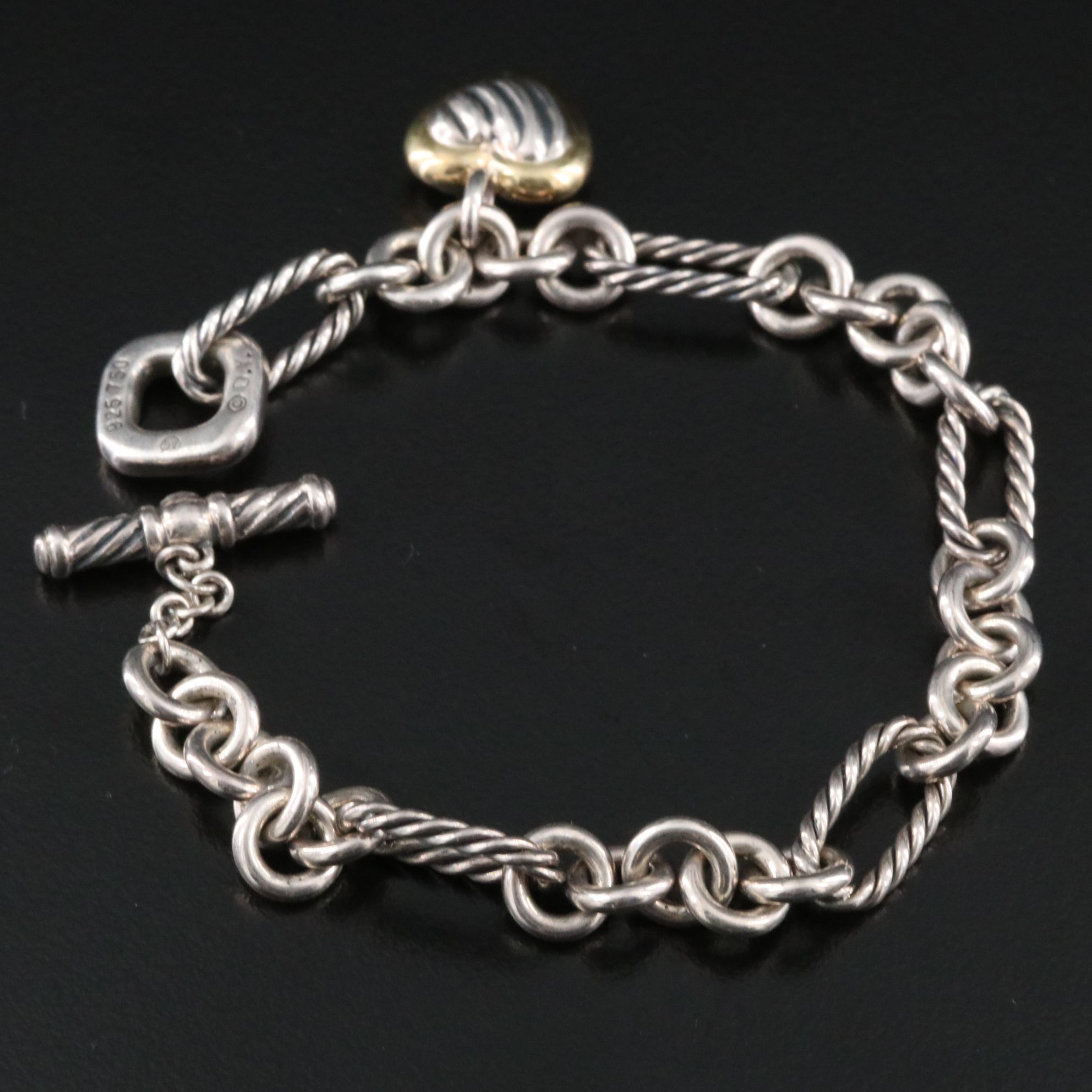 David Yurman Sterling and 18K Figaro Bracelet with Cable Heart Charm