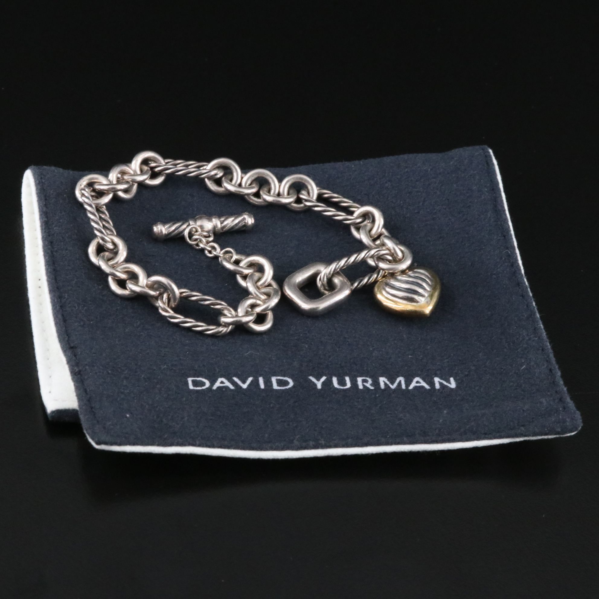 David Yurman Sterling and 18K Figaro Bracelet with Cable Heart Charm