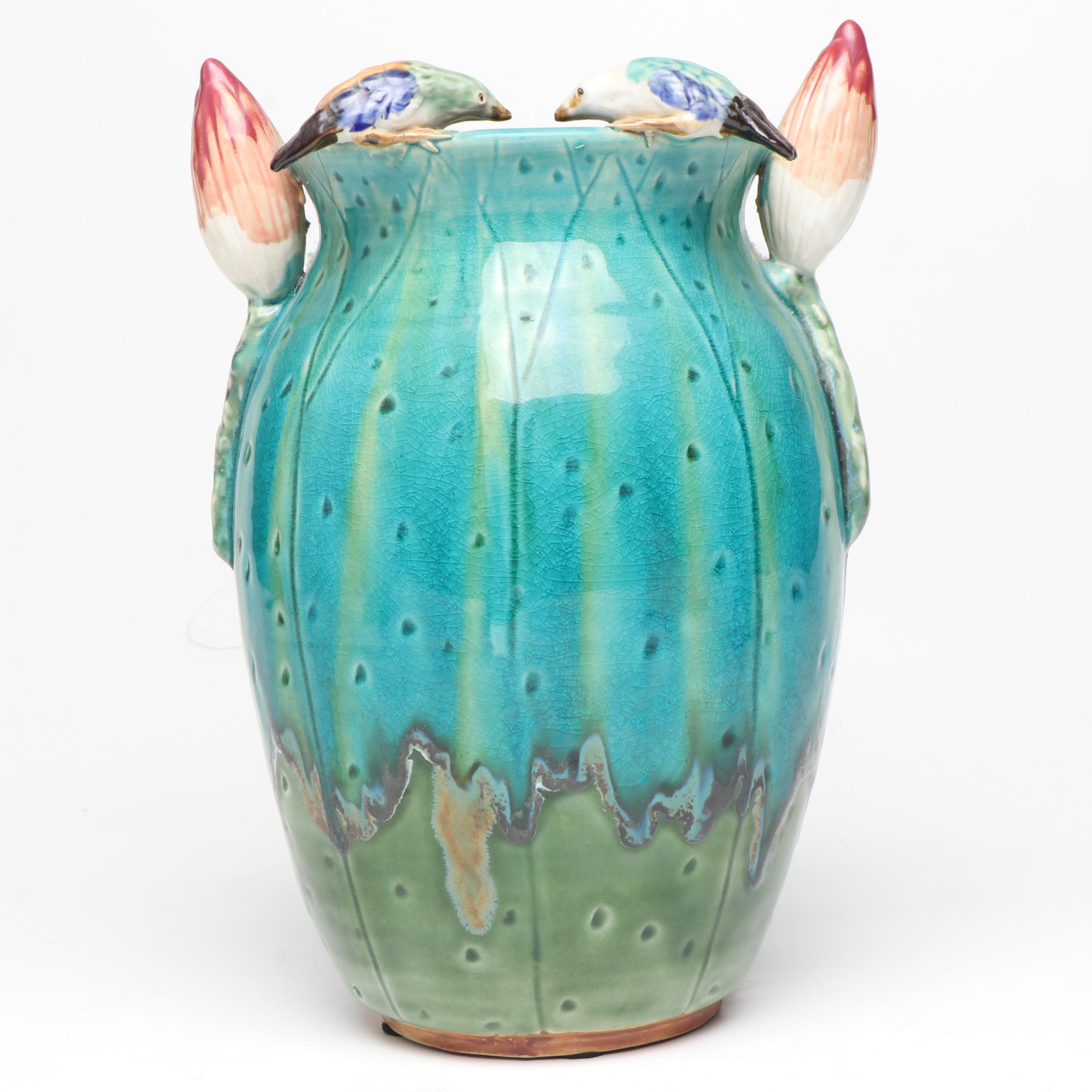 Majolica Style Ceramic Vase with Other Animal Figurines