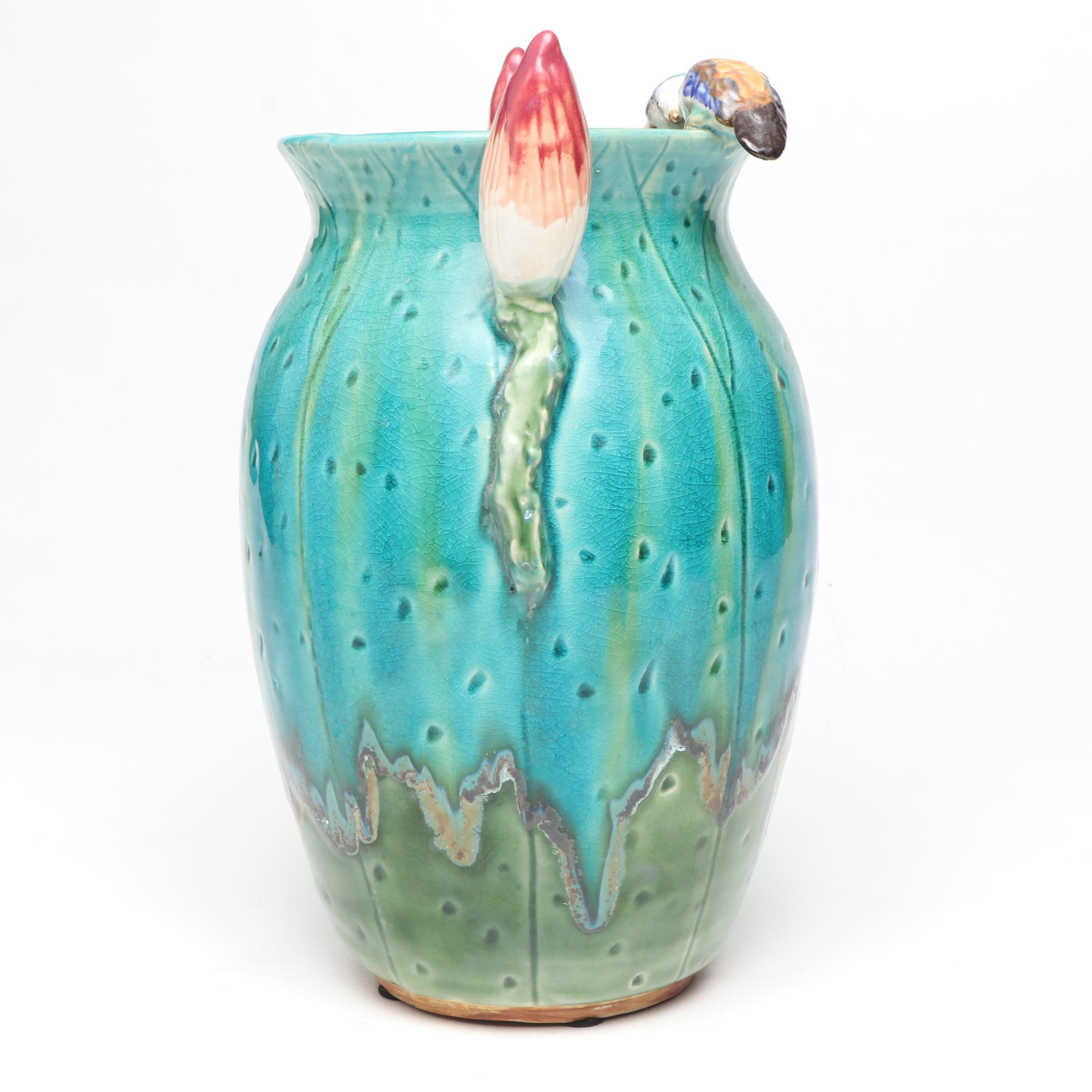 Majolica Style Ceramic Vase with Other Animal Figurines