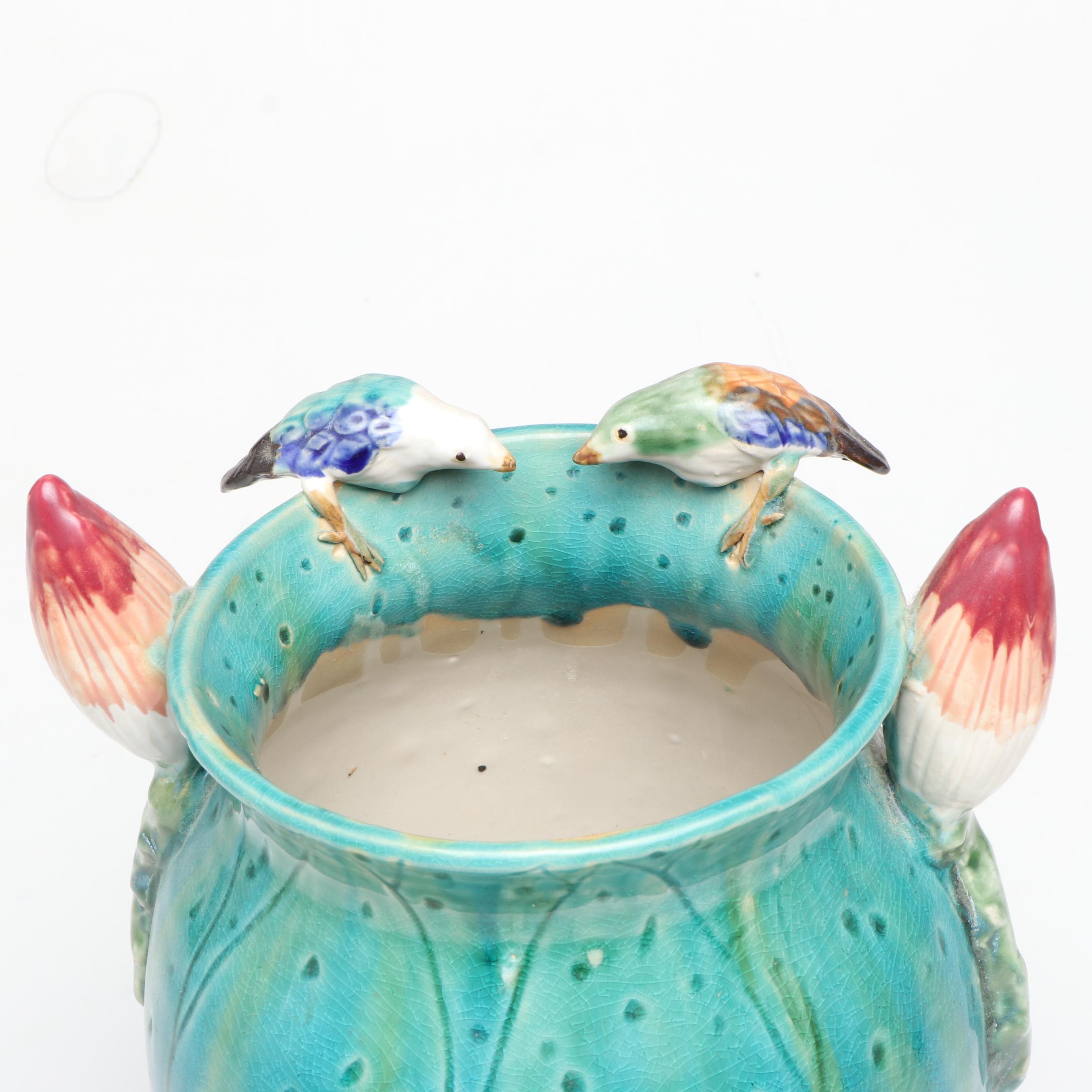 Majolica Style Ceramic Vase with Other Animal Figurines