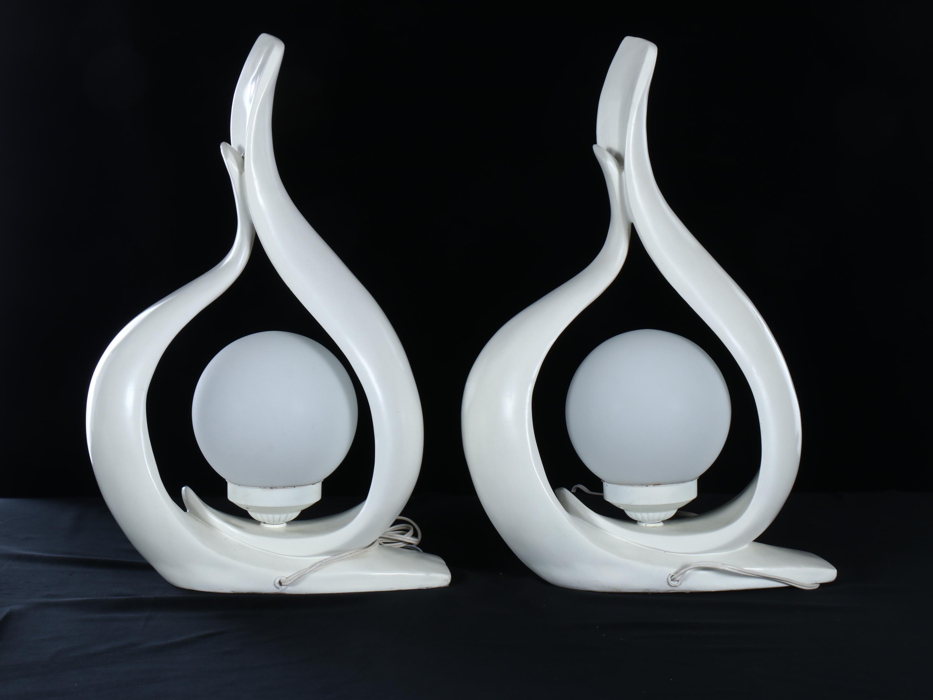 Deco Revival White Acrylic Flame Lamps with Globe Shades, 1980s