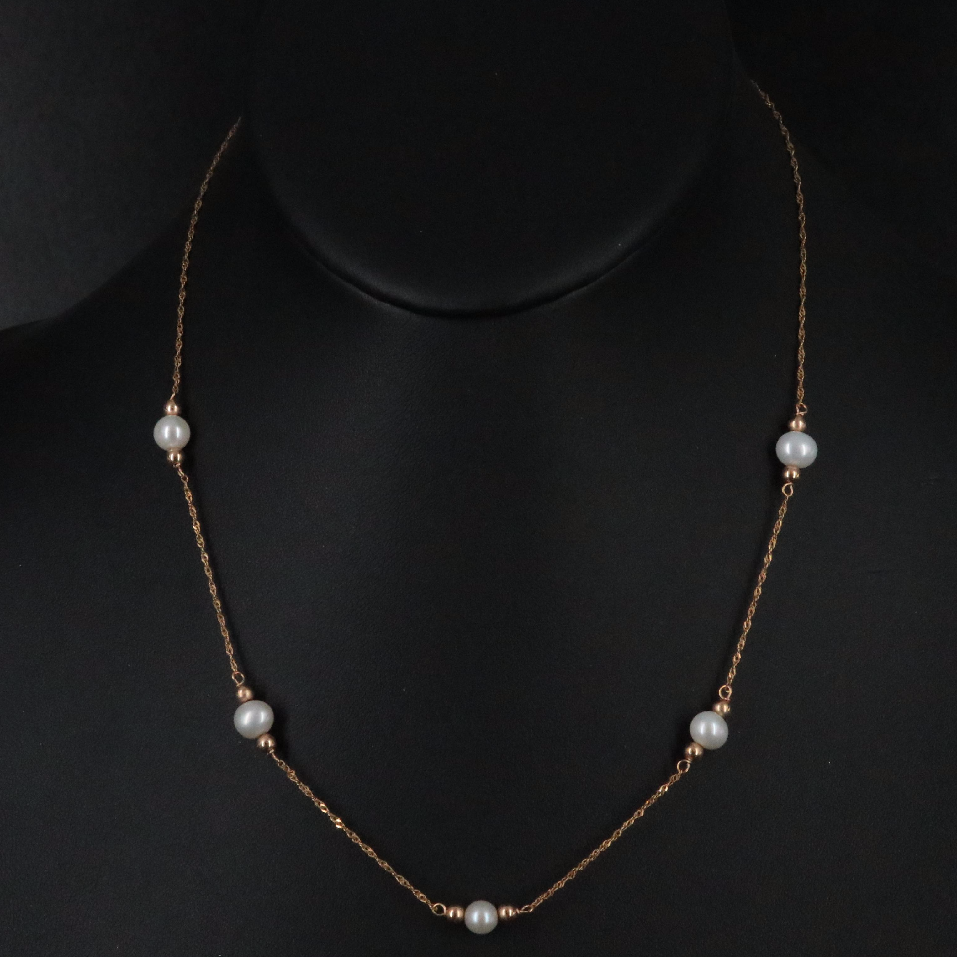 14K Yellow Gold Station Necklace with Pearls and Gold Beads