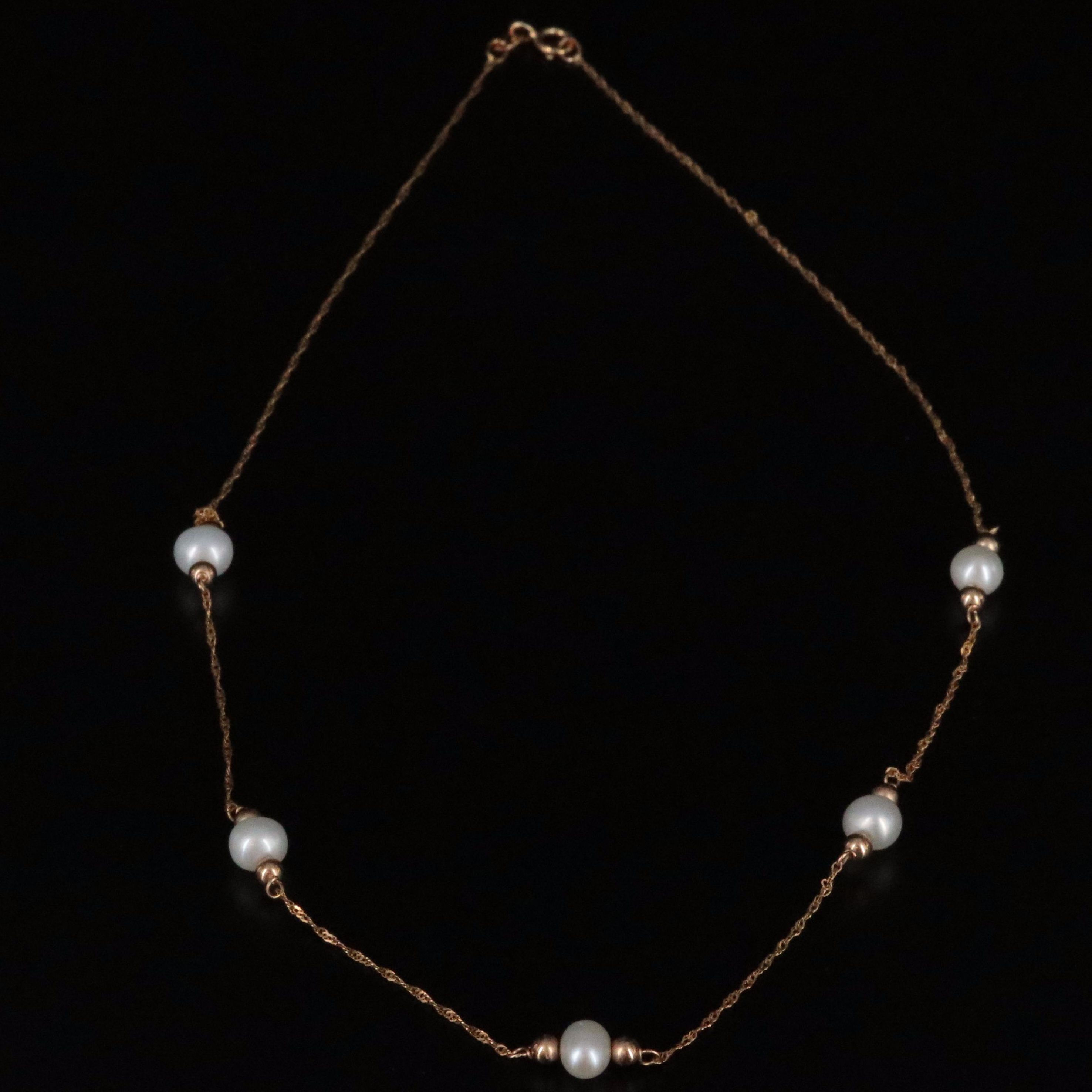 14K Yellow Gold Station Necklace with Pearls and Gold Beads