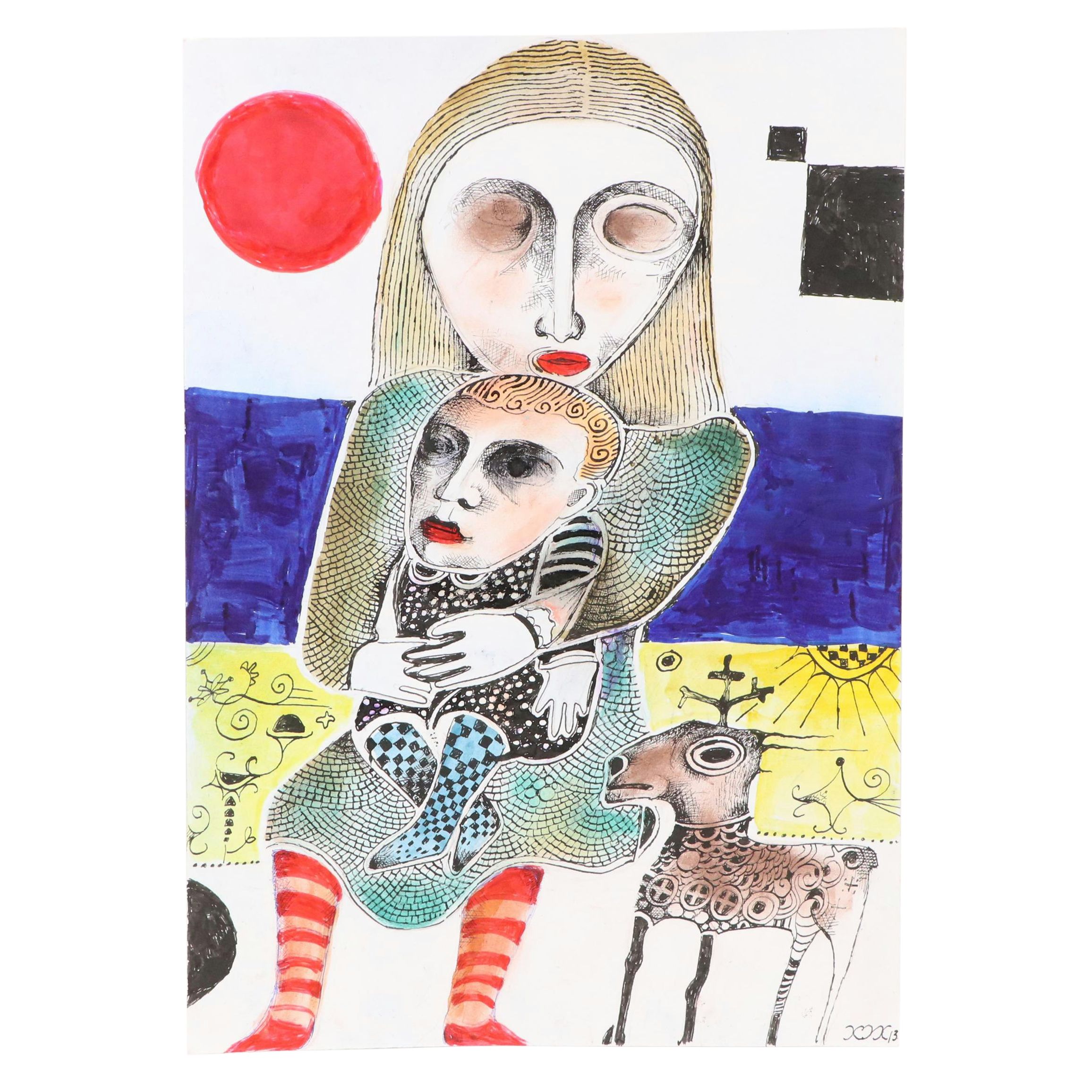 Nikolay "Kuk" Manuylov Figural Surrealist Mixed Media Drawing, 2013