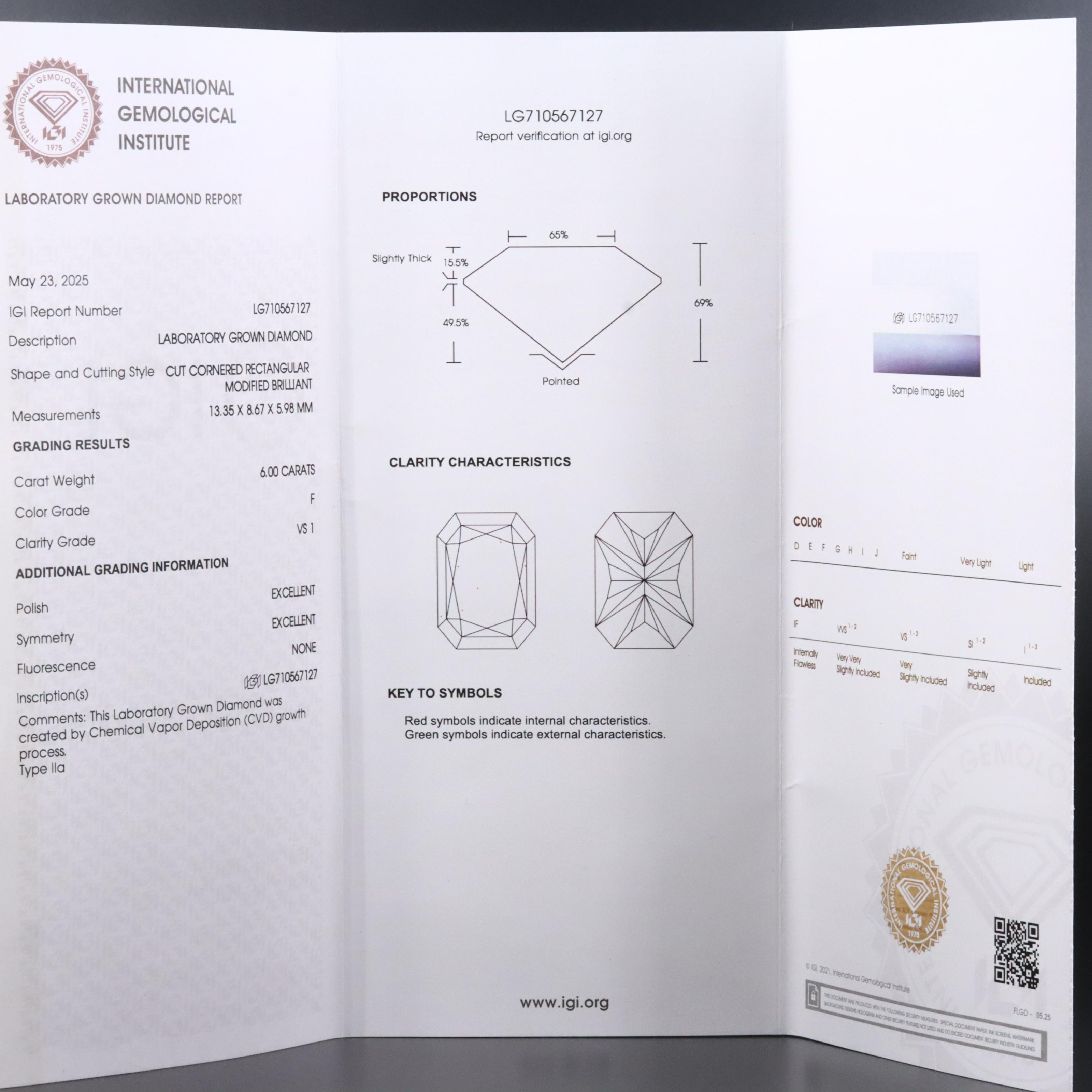 Loose 6.00 CT Lab Grown Diamond with IGI Report