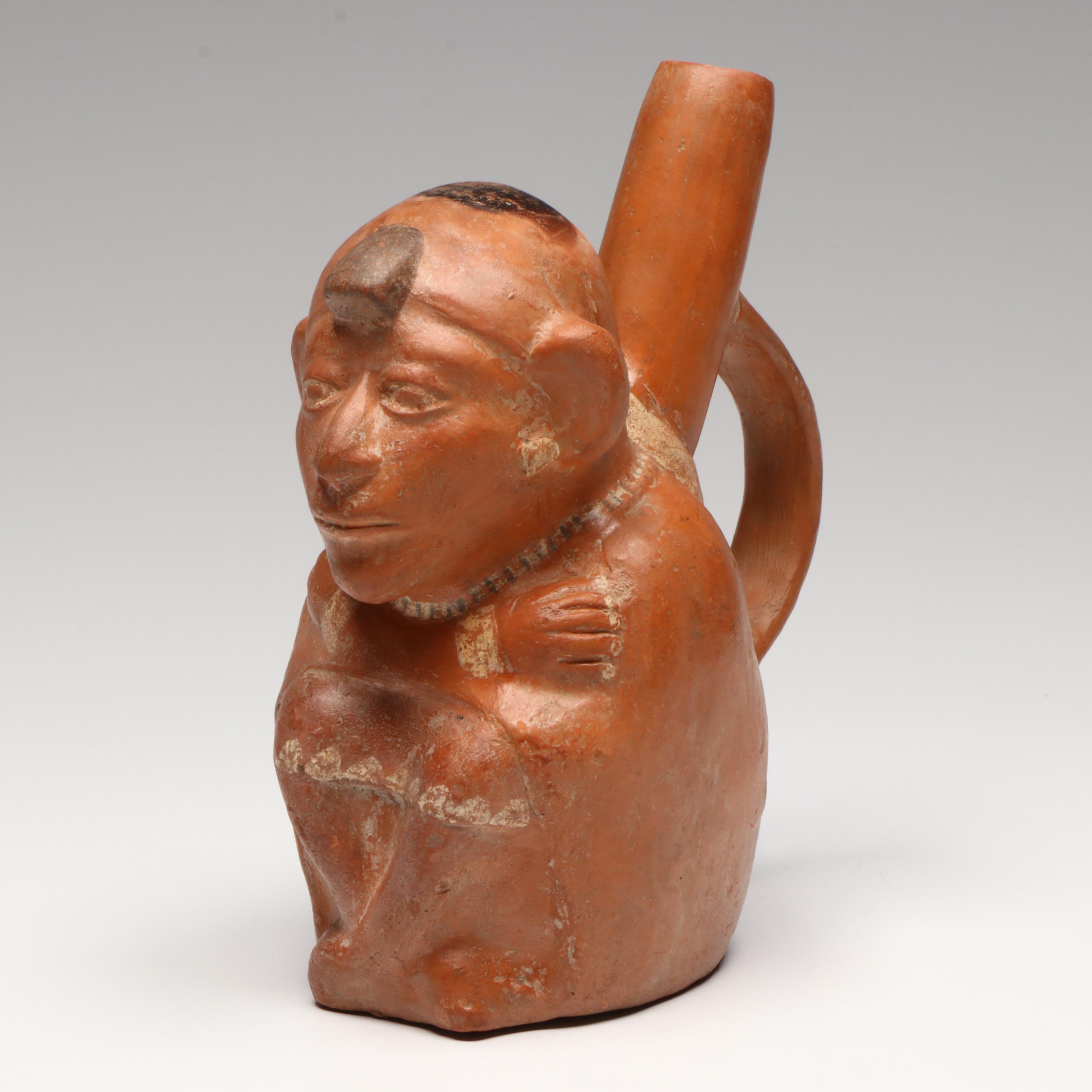 Moche Polychrome Pottery Male Stirrup Vessel, Circa 450–550 CE