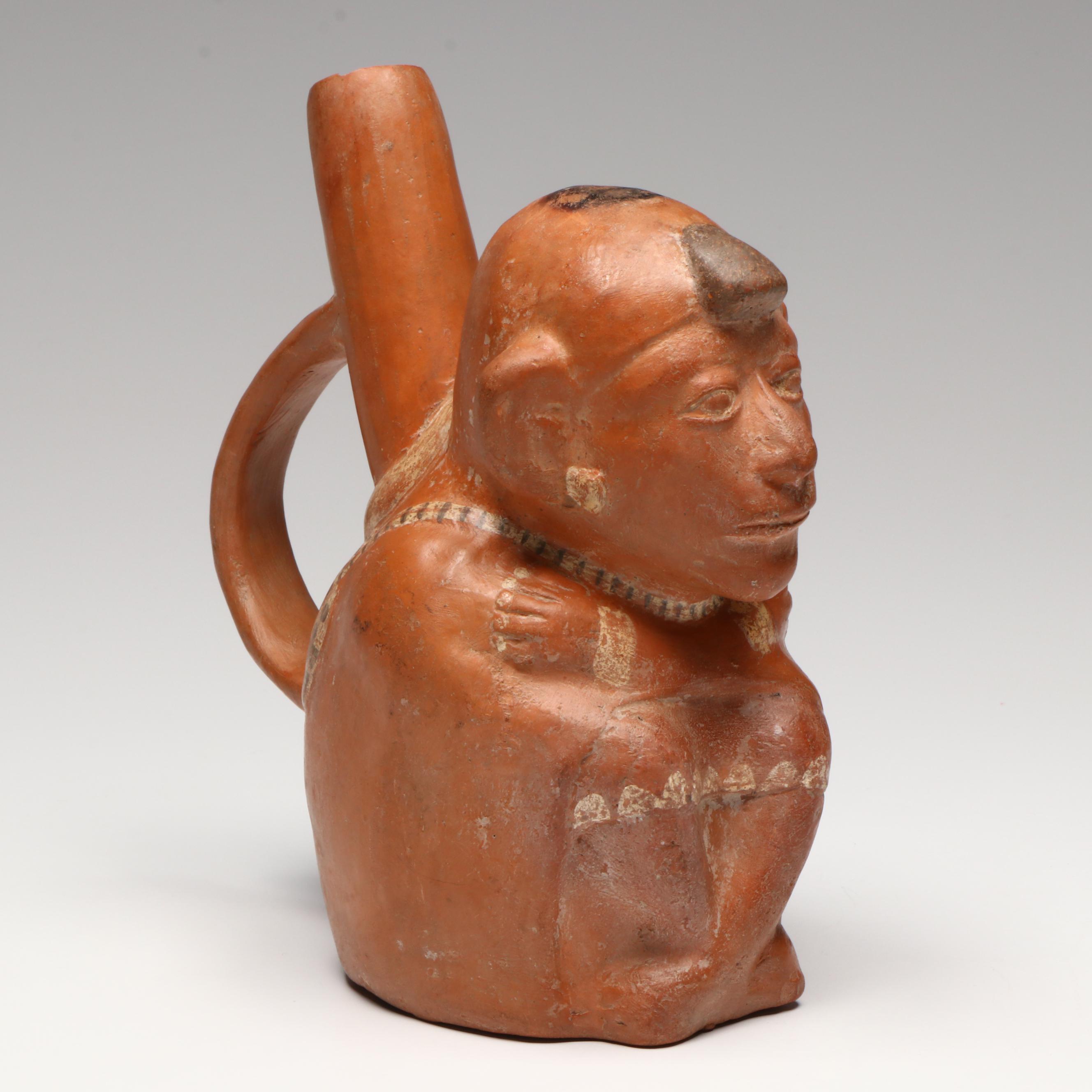Moche Polychrome Pottery Male Stirrup Vessel, Circa 450–550 CE