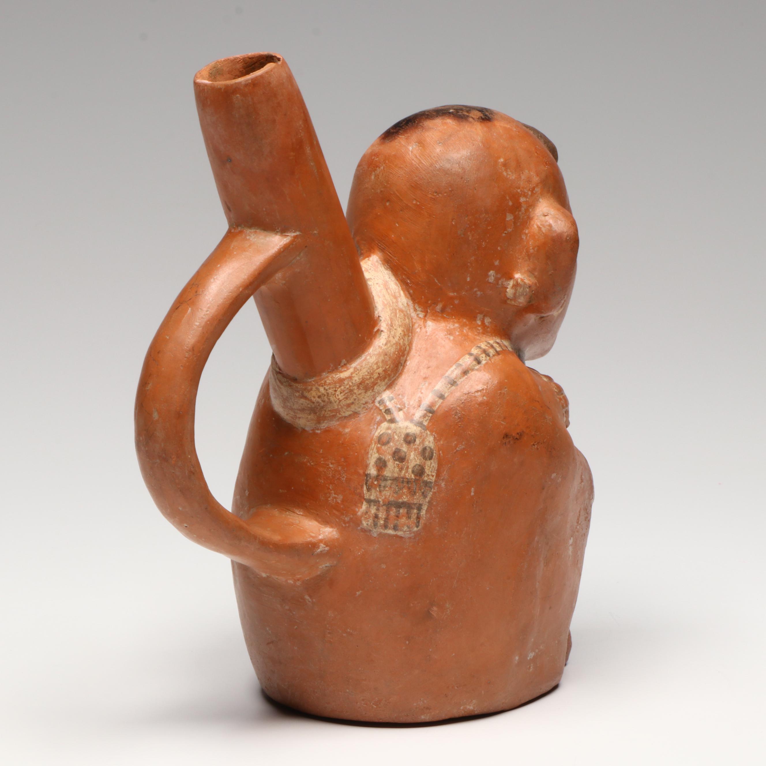 Moche Polychrome Pottery Male Stirrup Vessel, Circa 450–550 CE