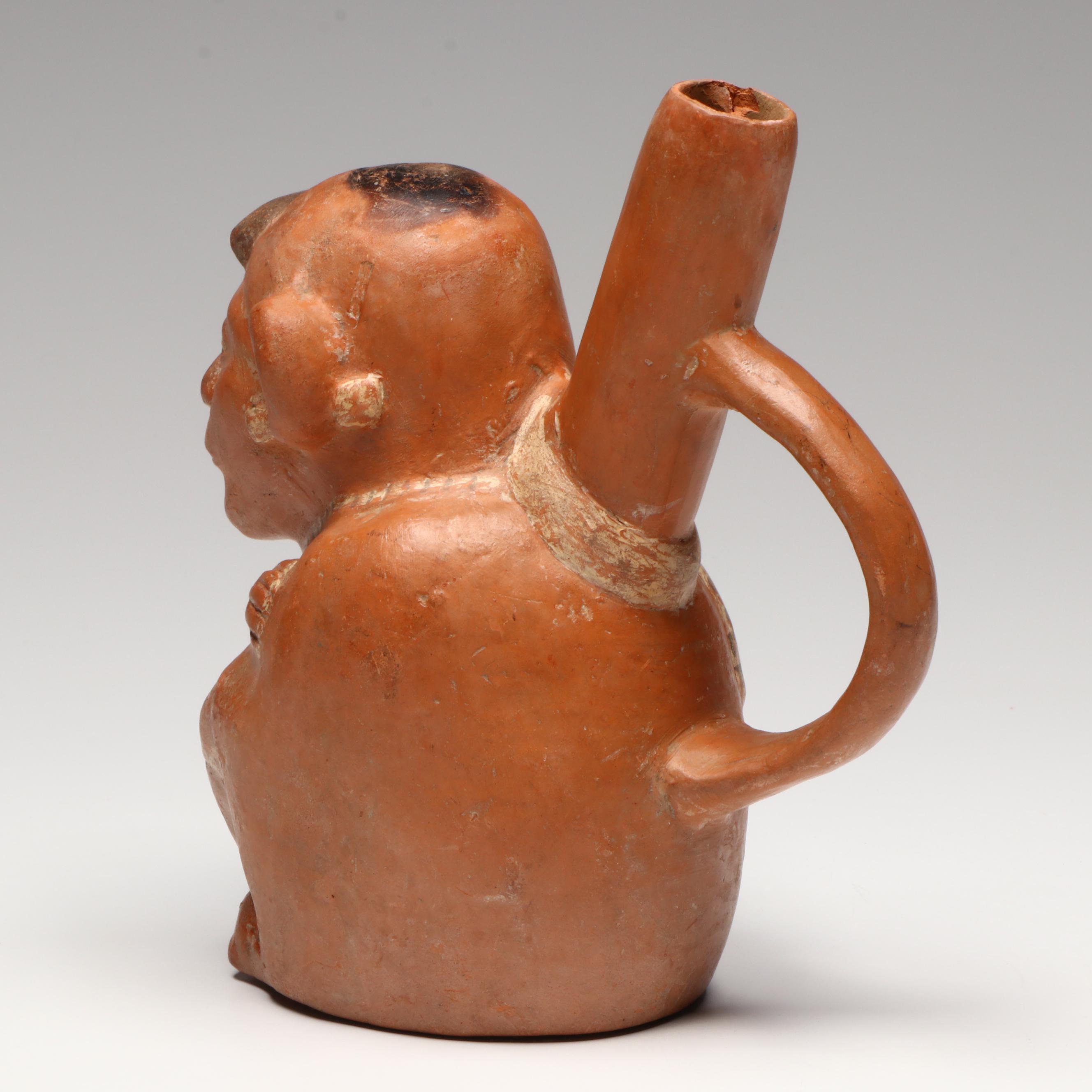 Moche Polychrome Pottery Male Stirrup Vessel, Circa 450–550 CE