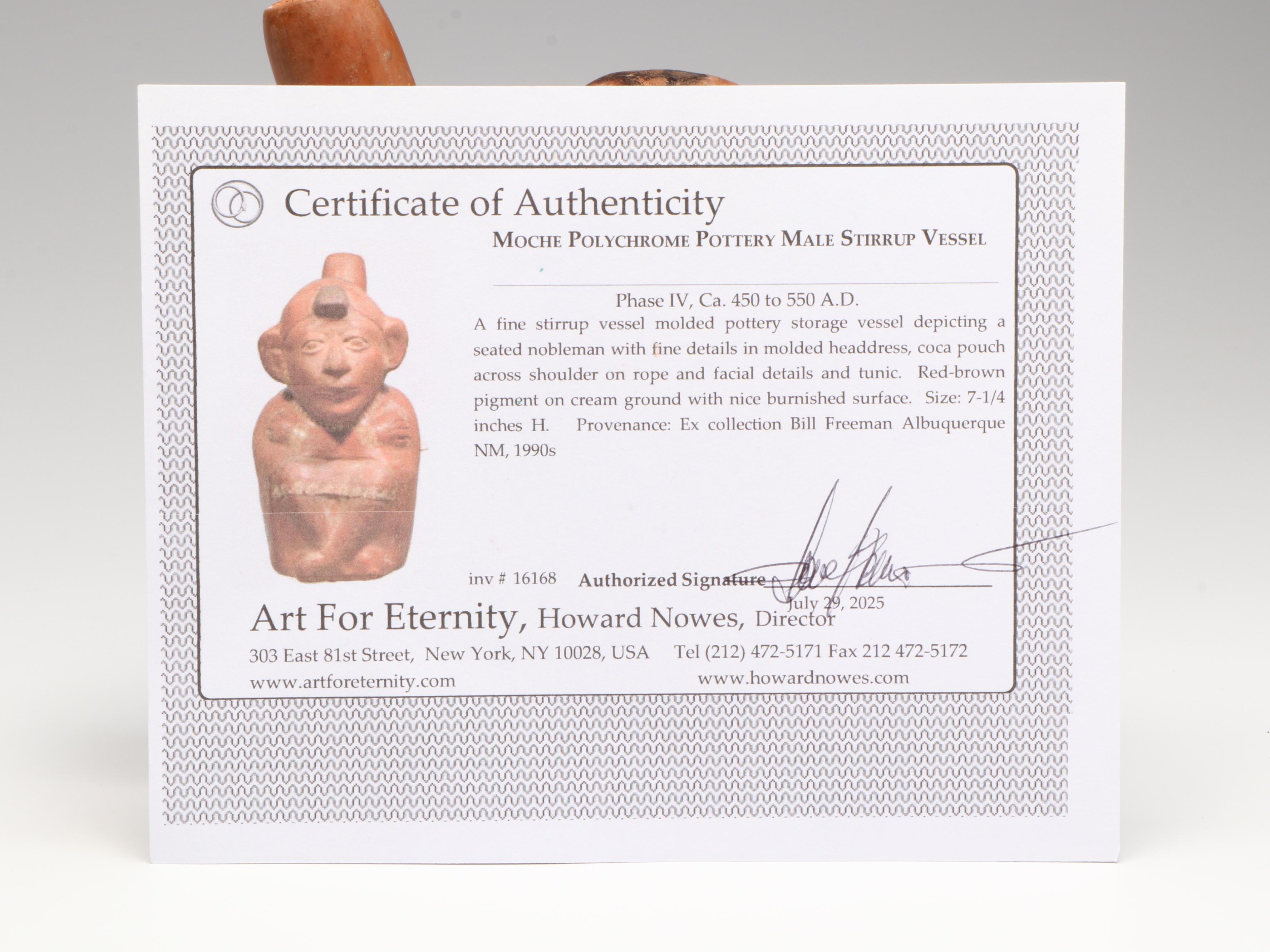 Moche Polychrome Pottery Male Stirrup Vessel, Circa 450–550 CE