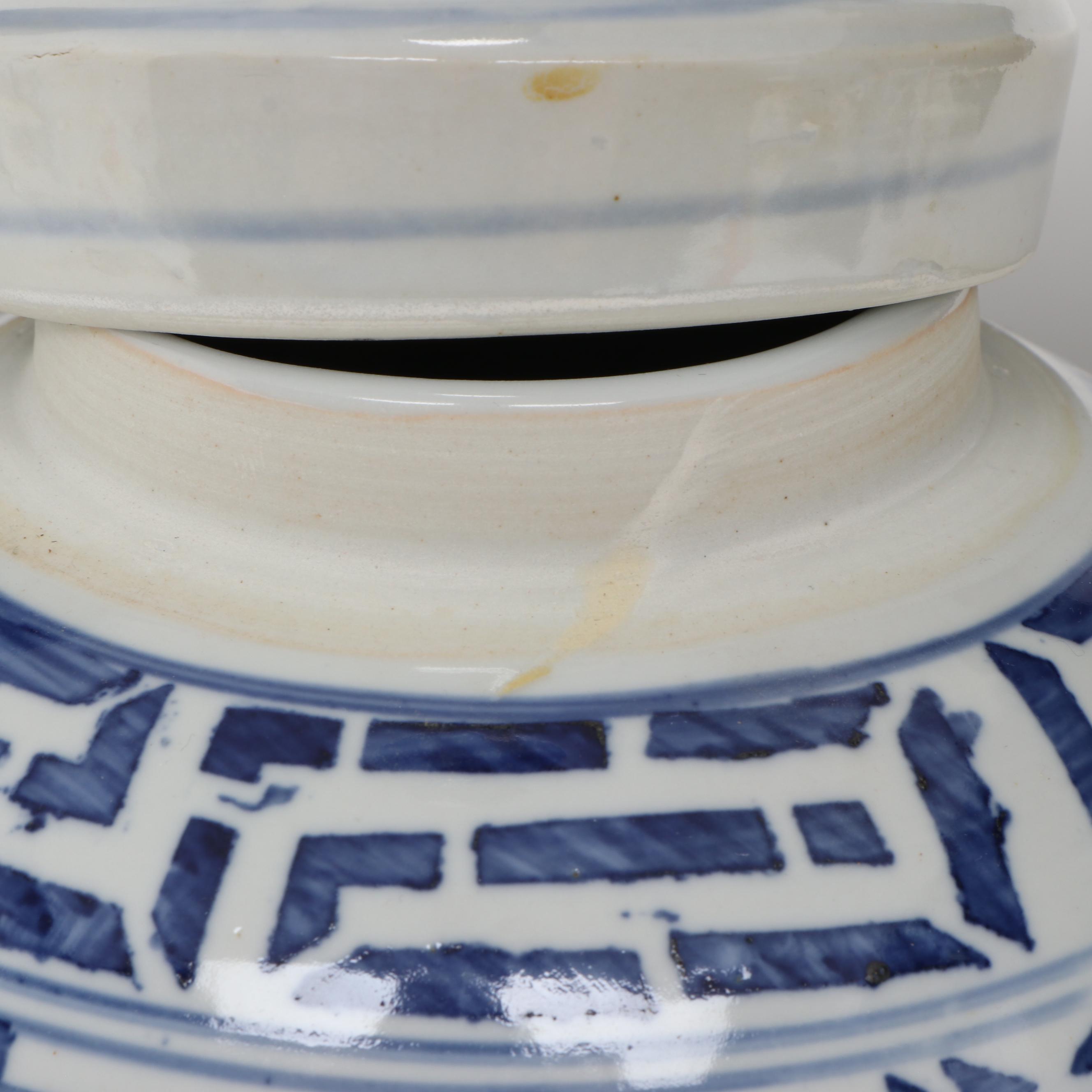 Chinese Blue on White Double Happiness Porcelain Ginger Jar and Wooden Stand