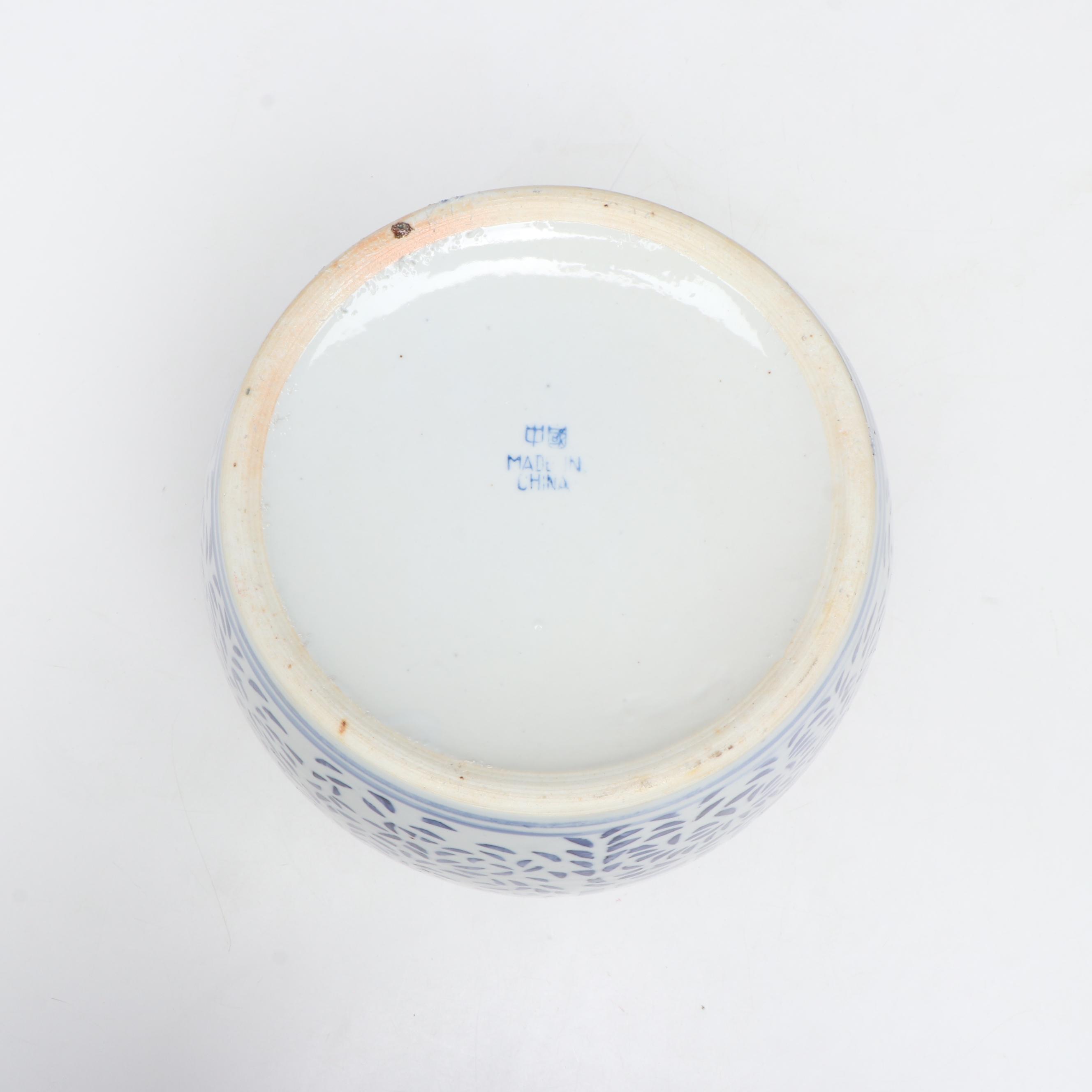 Chinese Blue on White Double Happiness Porcelain Ginger Jar and Wooden Stand