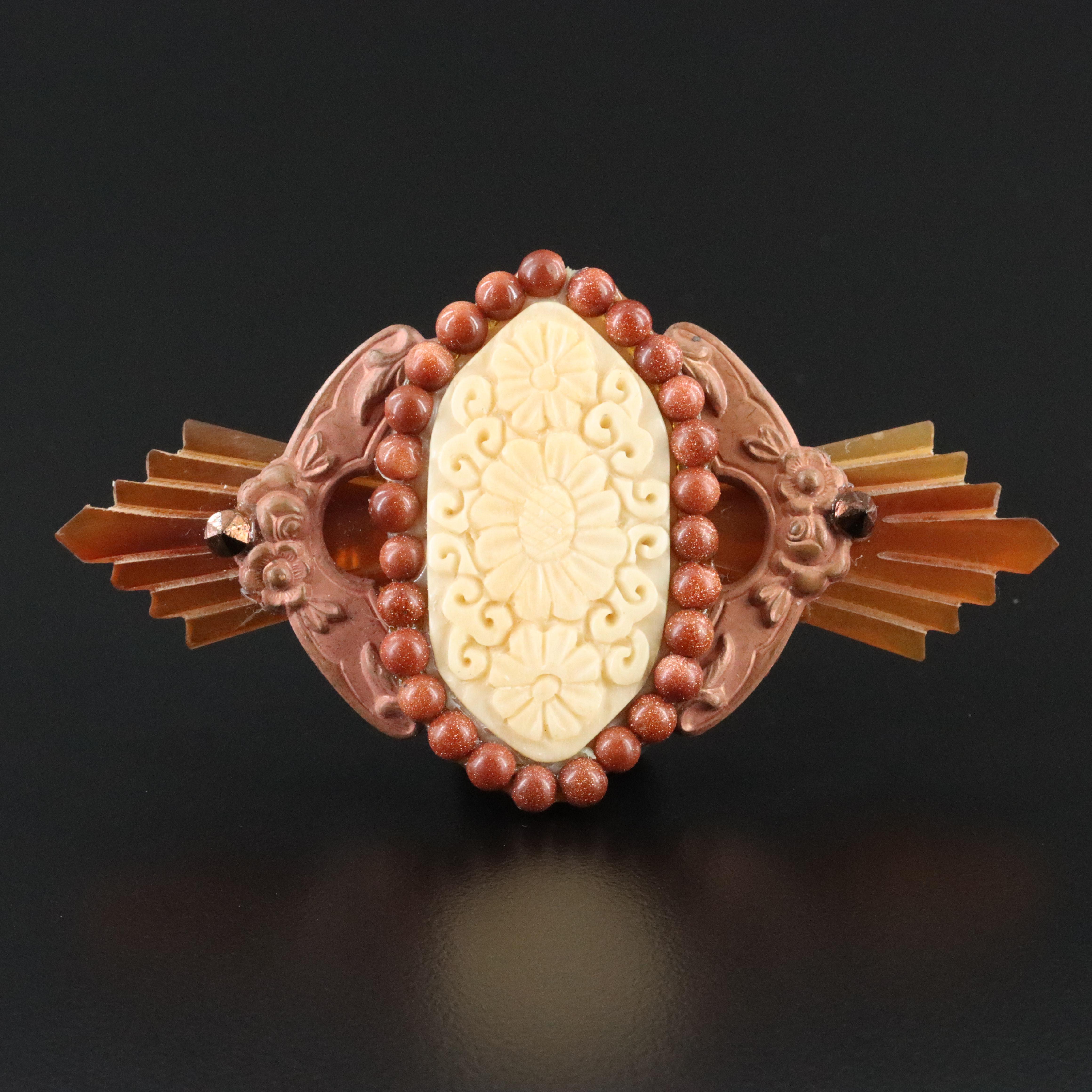 Bone, Goldstone and Horn Floral Assemblage Brooch