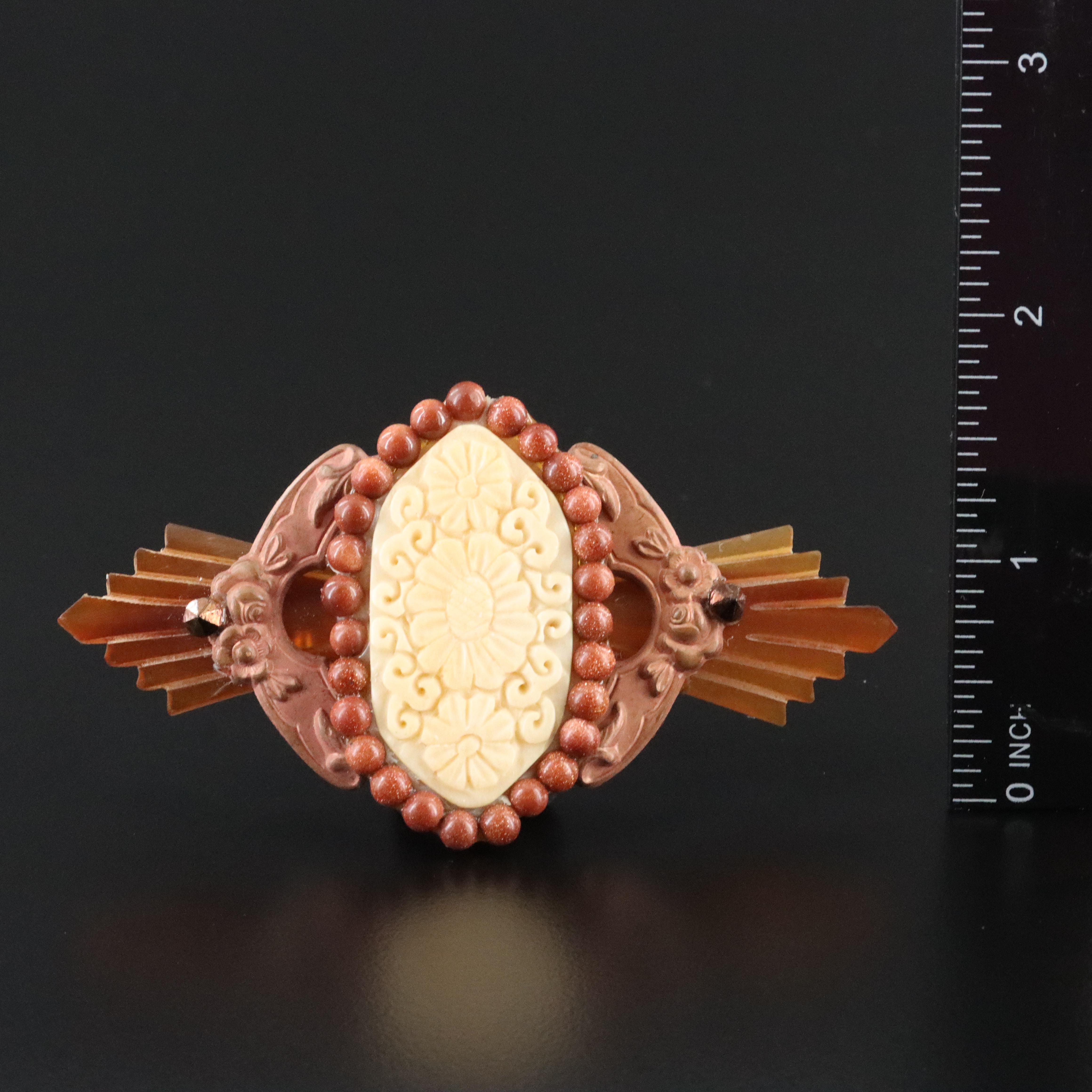 Bone, Goldstone and Horn Floral Assemblage Brooch