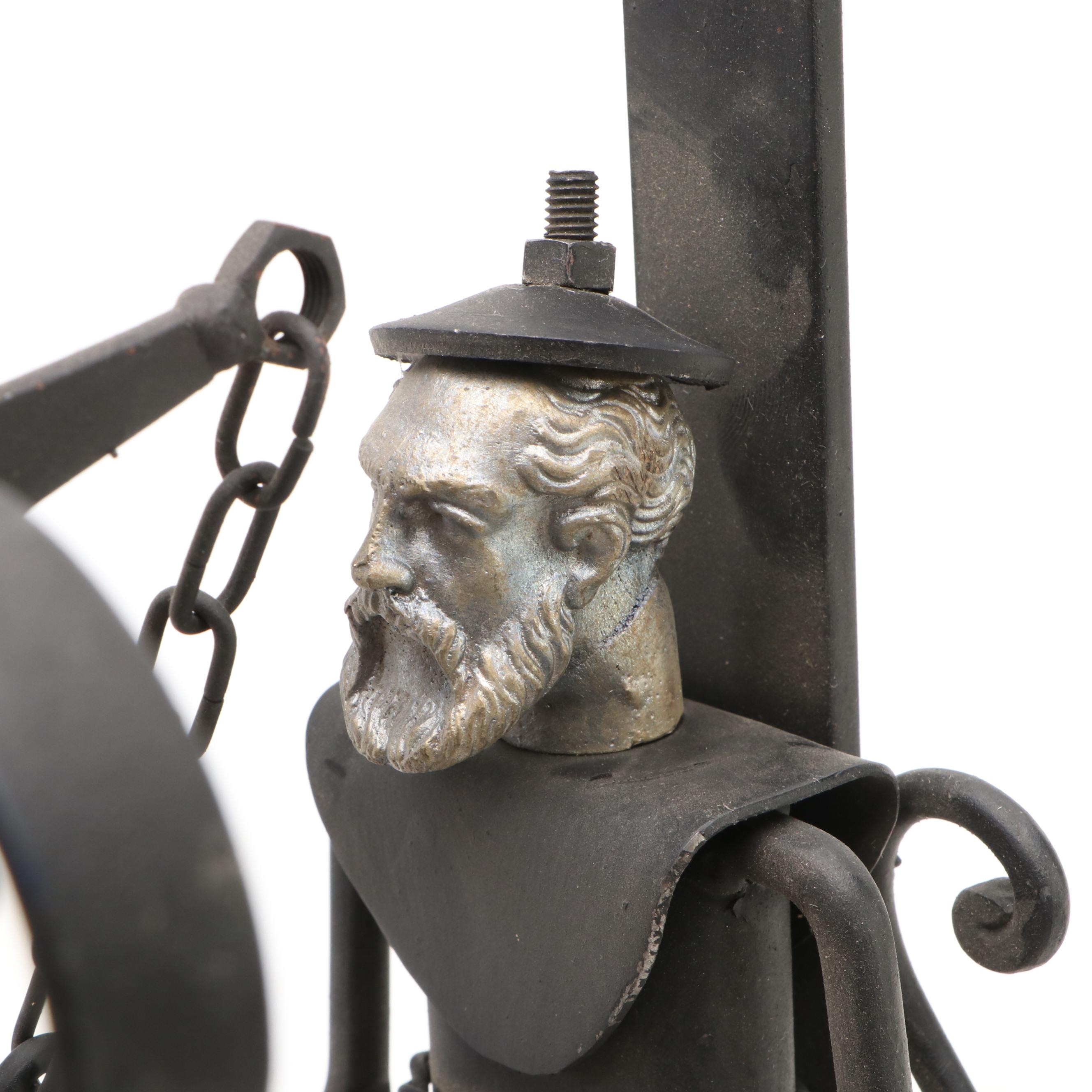 Italian Samuel Yellin Style Wrought Iron and Brass Door Bell with Figural Ringer