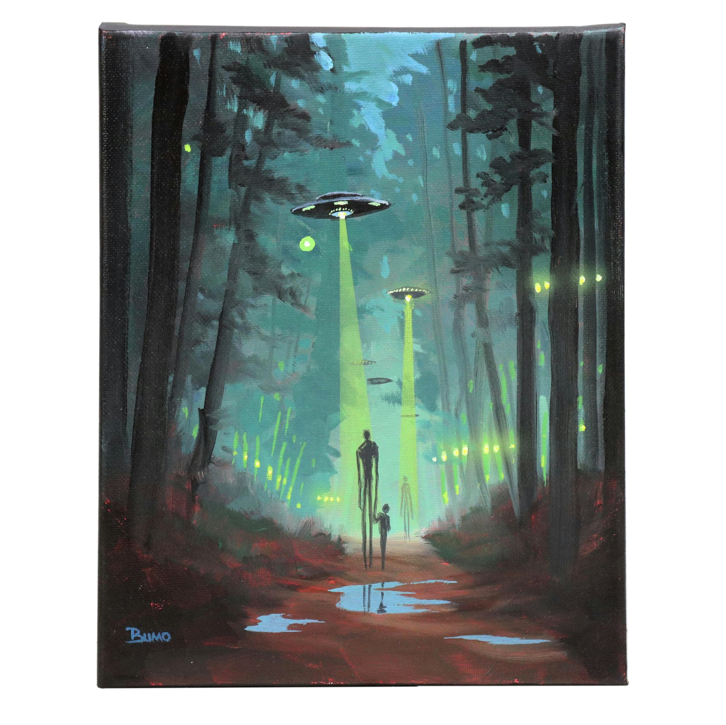 Doug "Bumo" Johnpeer Surrealist Forest Landscape Painting with UFOs, 2025