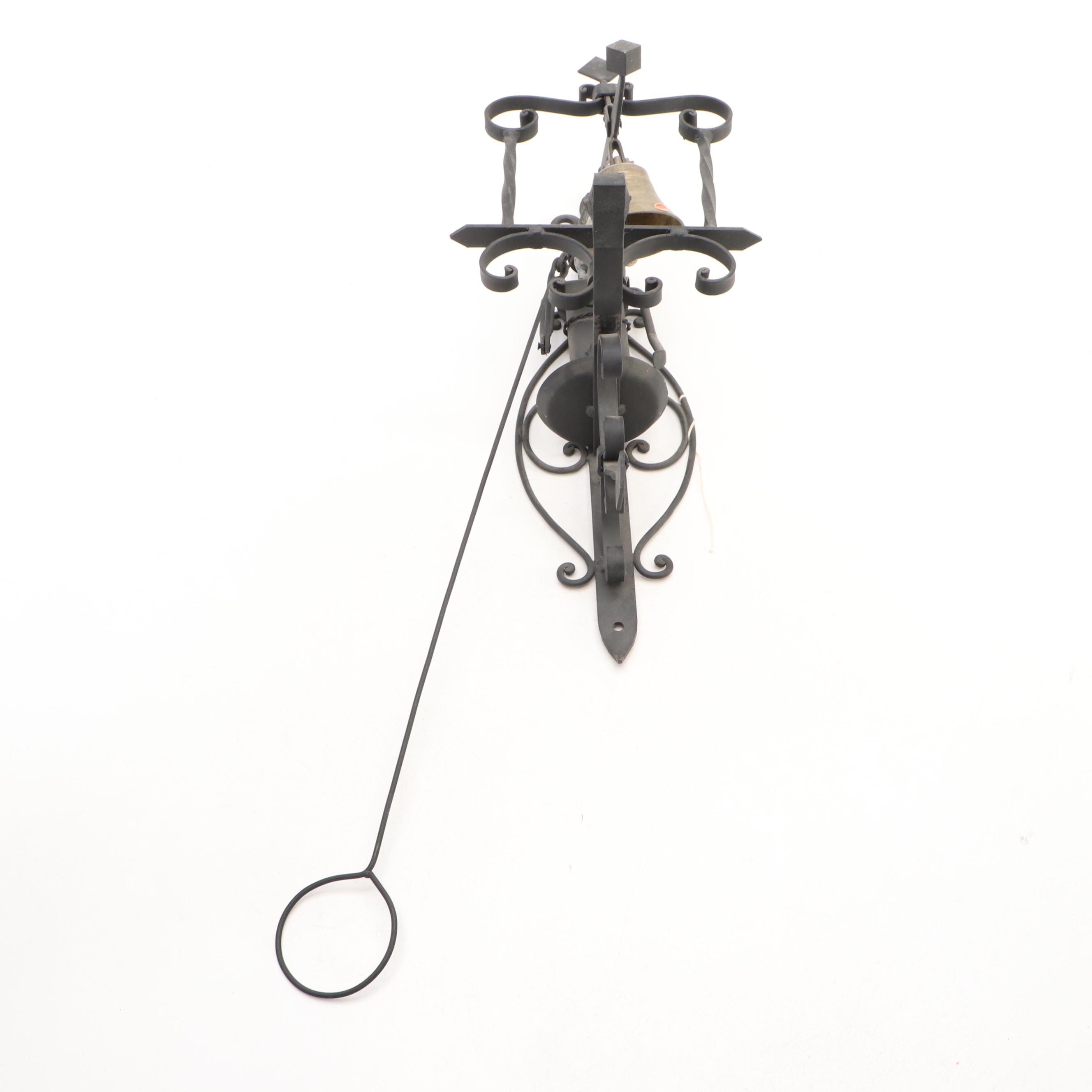 Italian Samuel Yellin Style Wrought Iron and Brass Door Bell with Figural Ringer