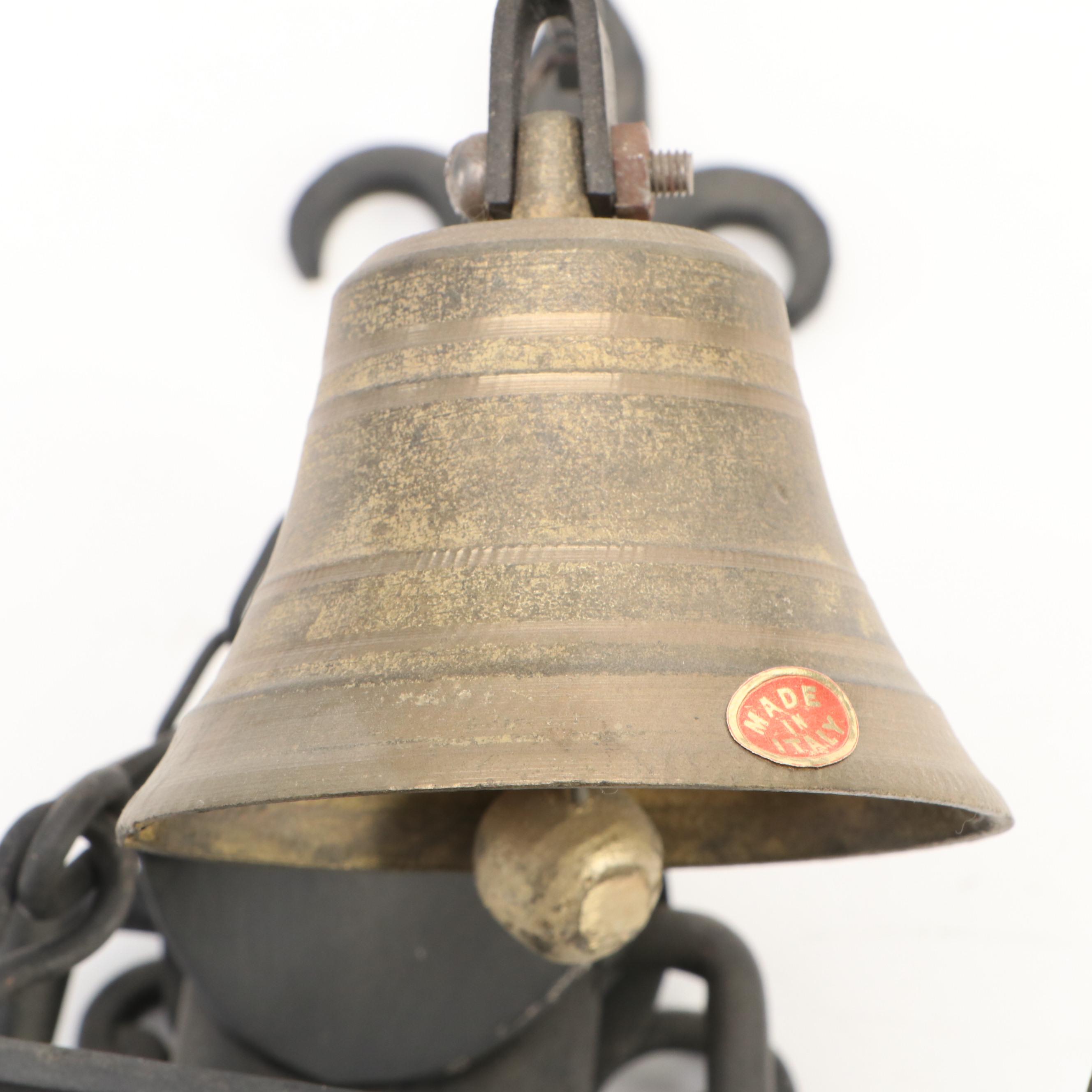 Italian Samuel Yellin Style Wrought Iron and Brass Door Bell with Figural Ringer