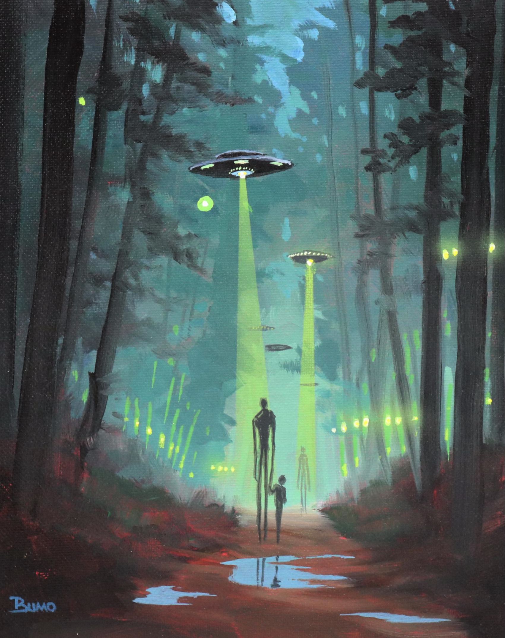Doug "Bumo" Johnpeer Surrealist Forest Landscape Painting with UFOs, 2025