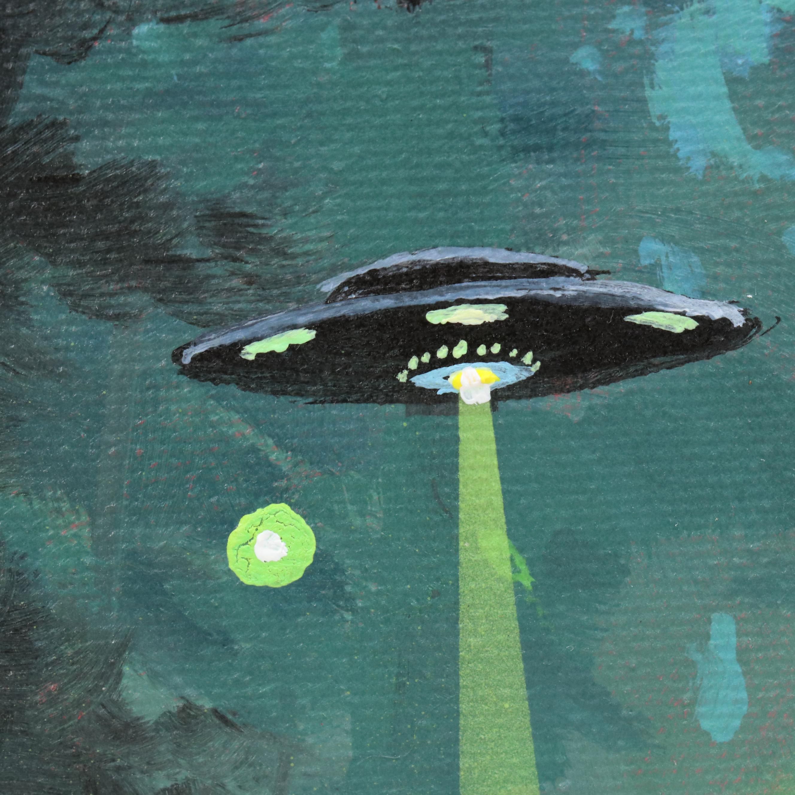 Doug "Bumo" Johnpeer Surrealist Forest Landscape Painting with UFOs, 2025