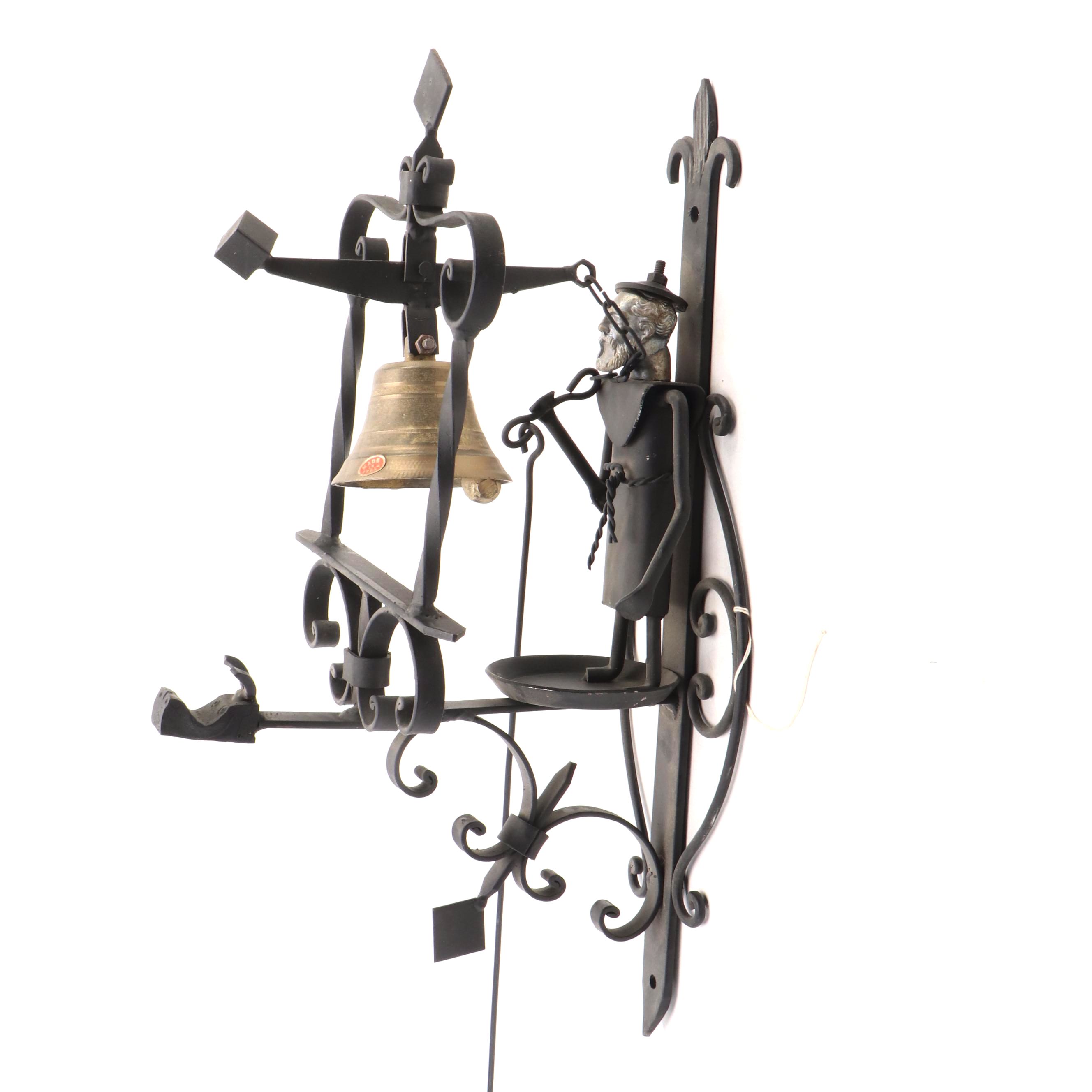 Italian Samuel Yellin Style Wrought Iron and Brass Door Bell with Figural Ringer