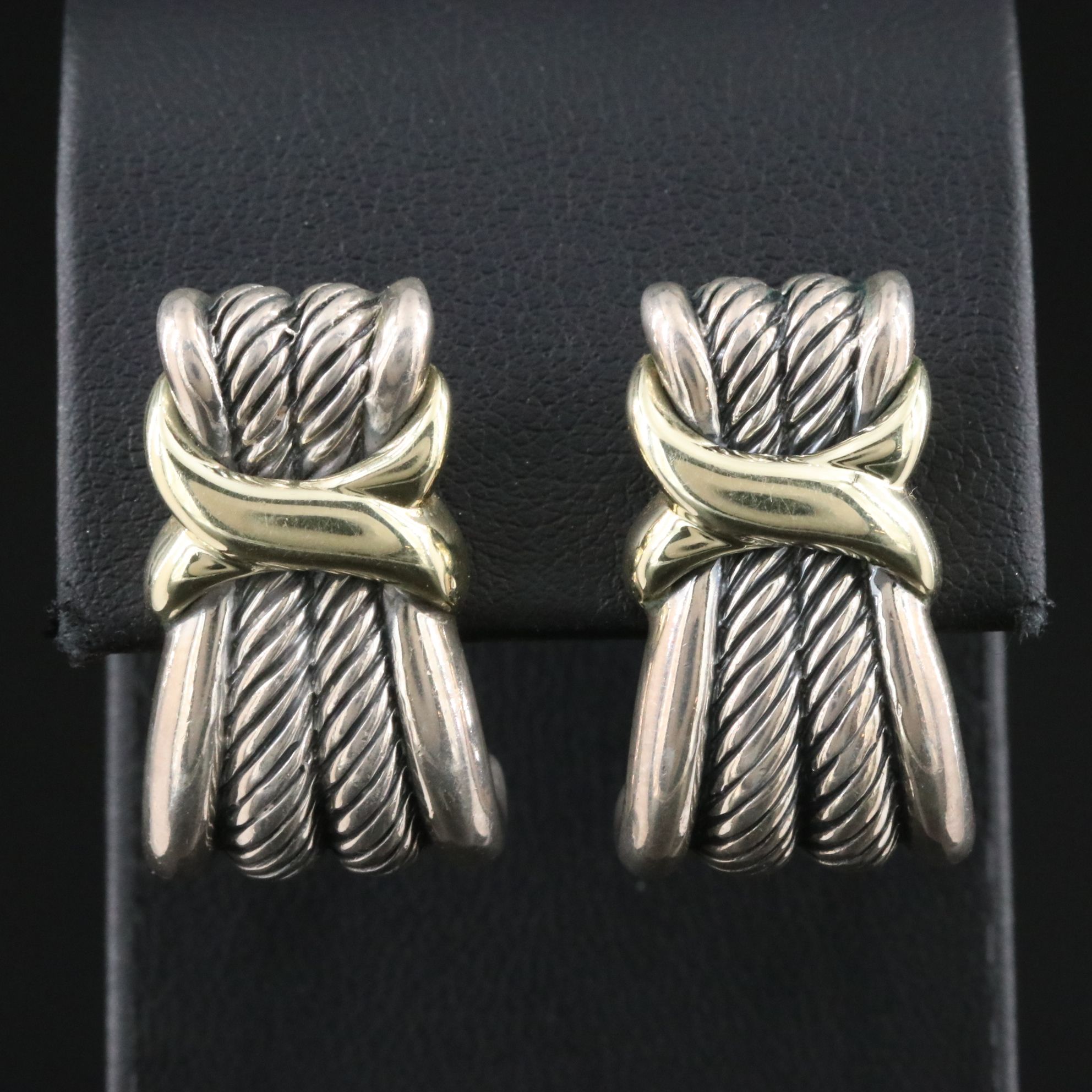 David Yurman Sterling and 14K Cable J Hoop Earrings