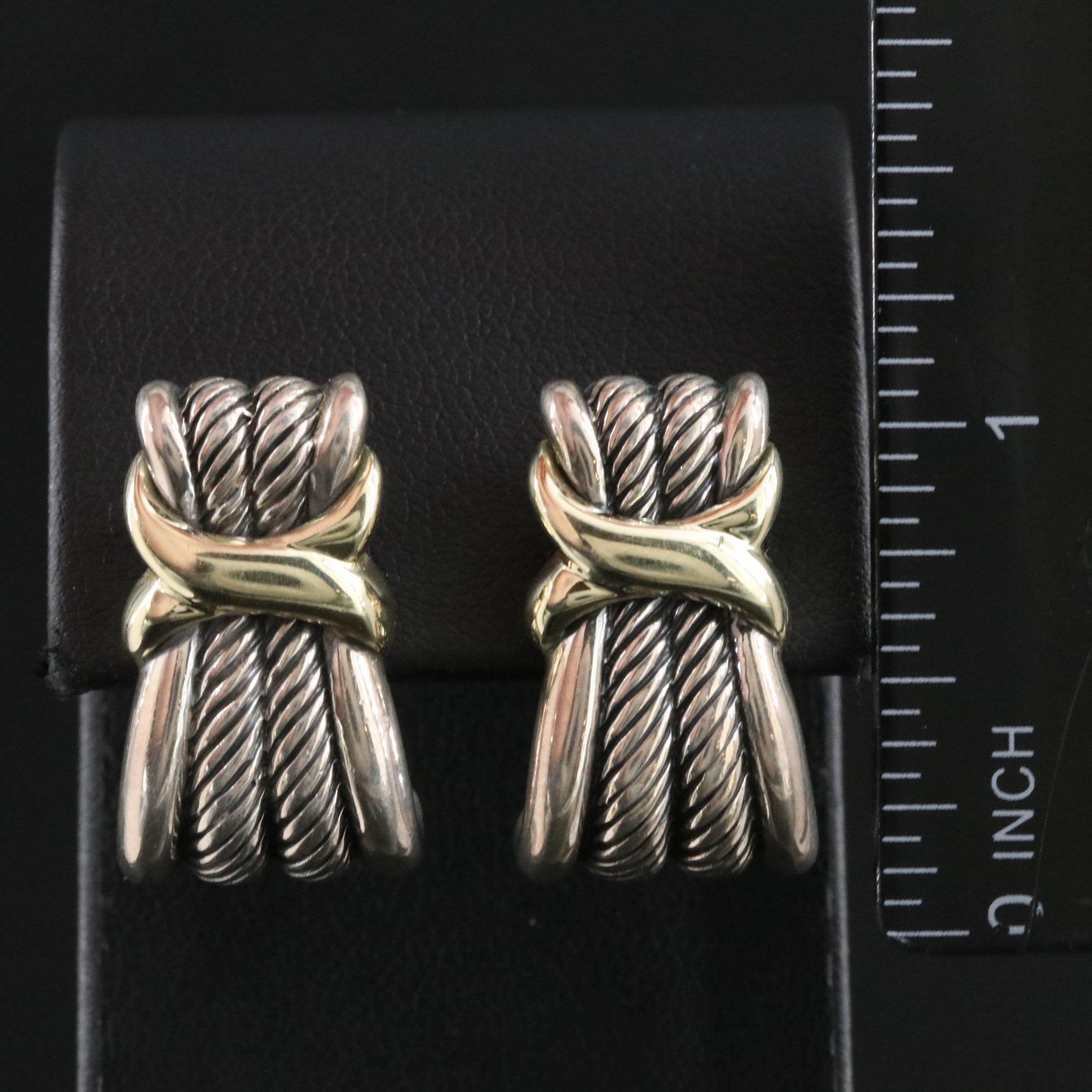 David Yurman Sterling and 14K Cable J Hoop Earrings