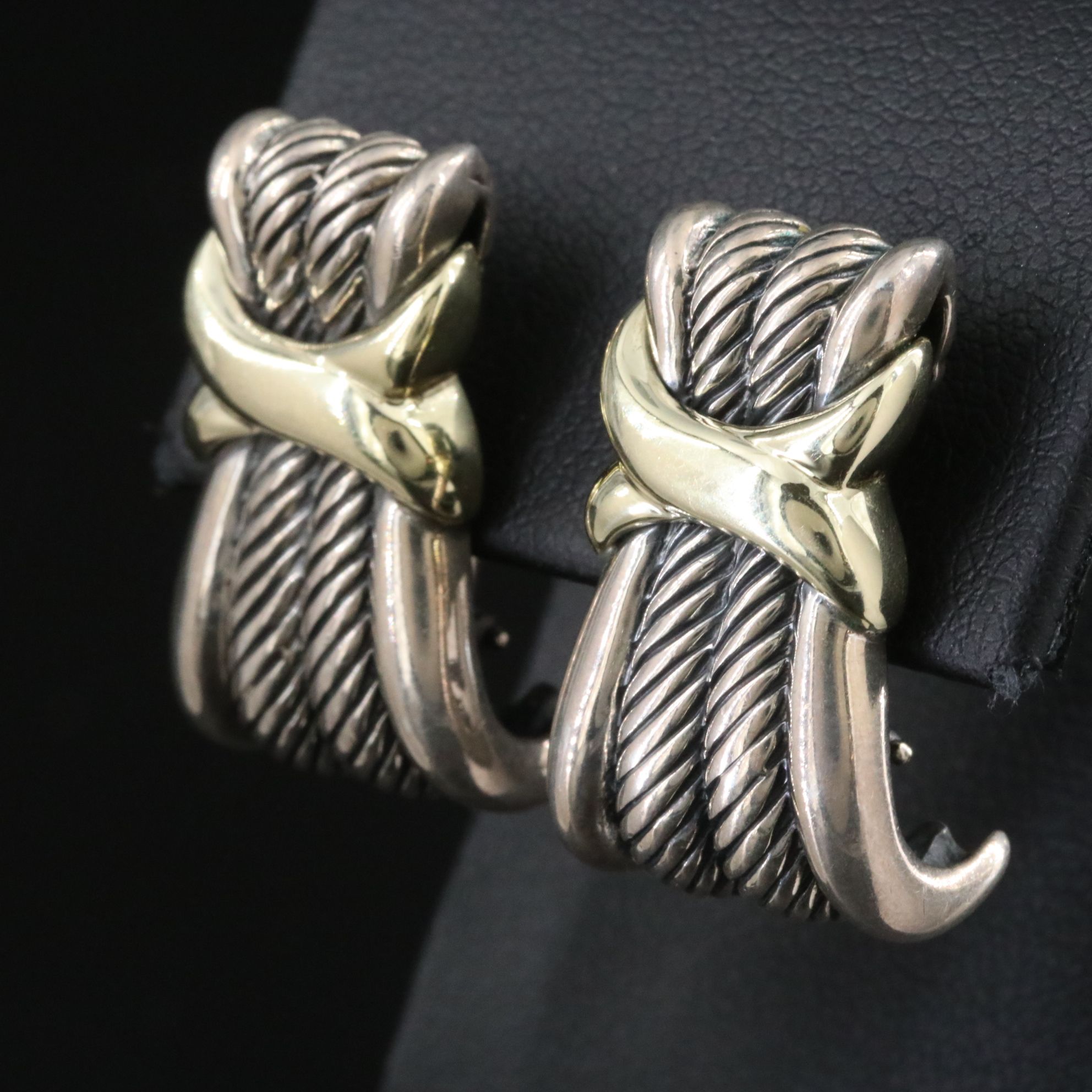 David Yurman Sterling and 14K Cable J Hoop Earrings