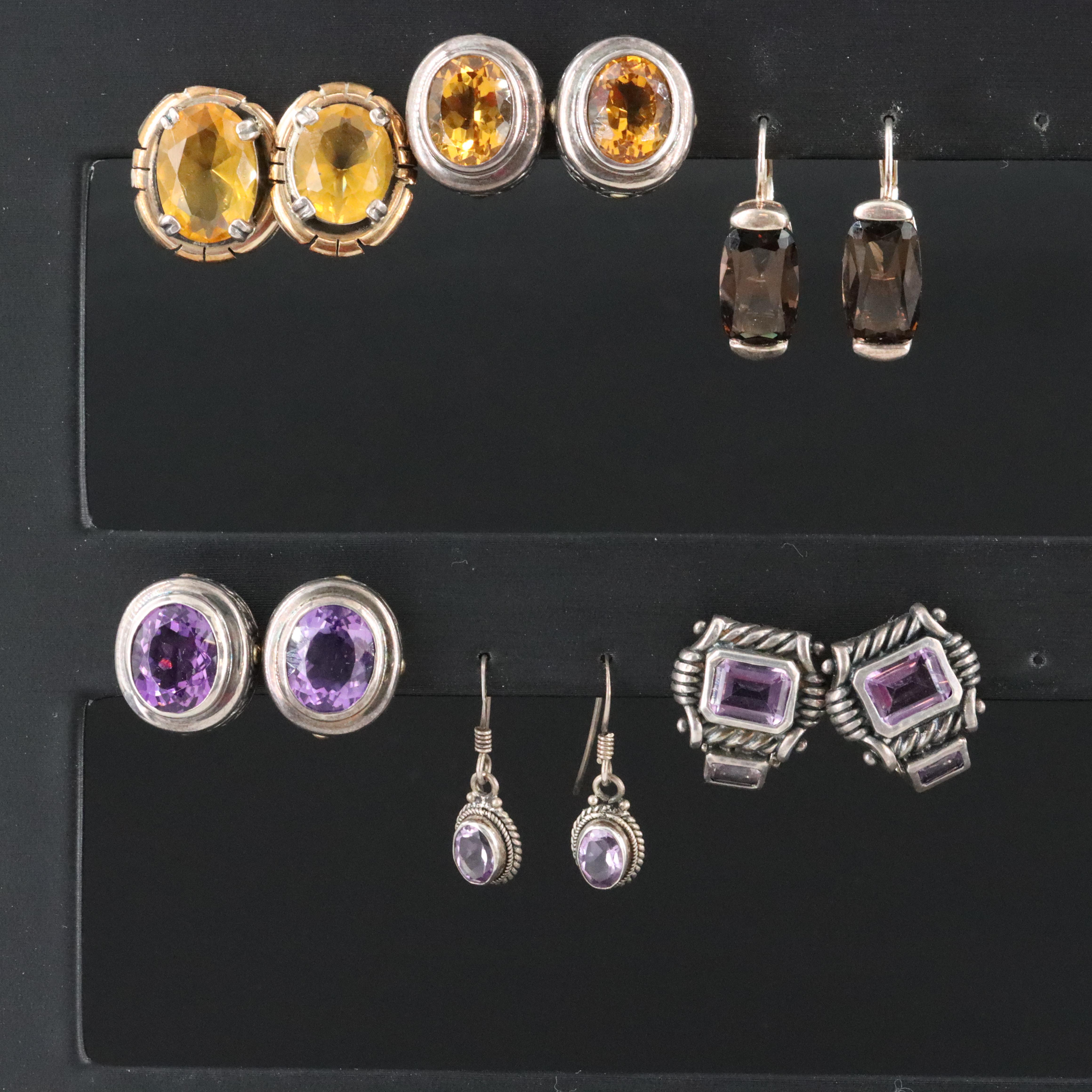 Sterling Earrings Including Amethyst, Smoky Quartz and Glass
