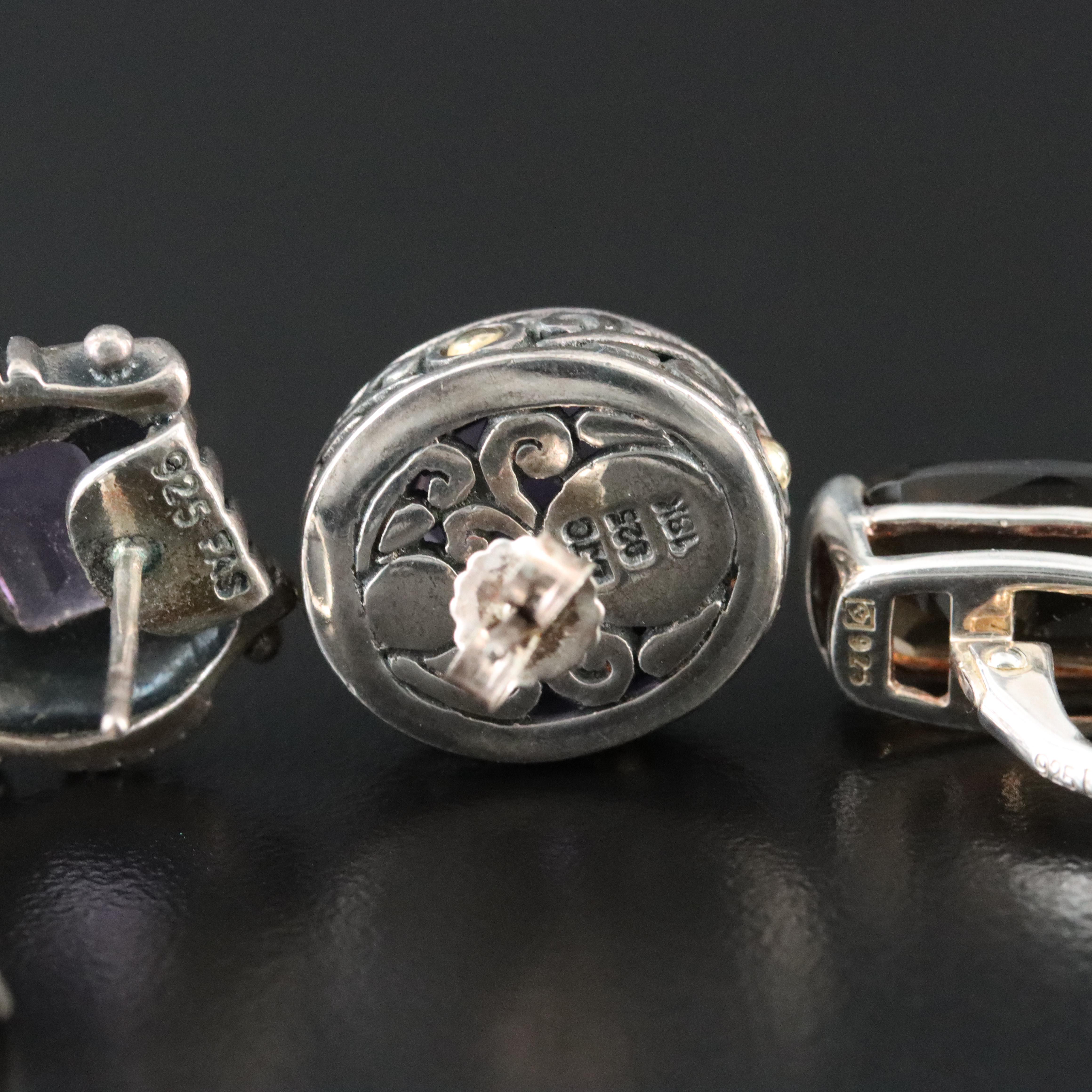 Sterling Earrings Including Amethyst, Smoky Quartz and Glass