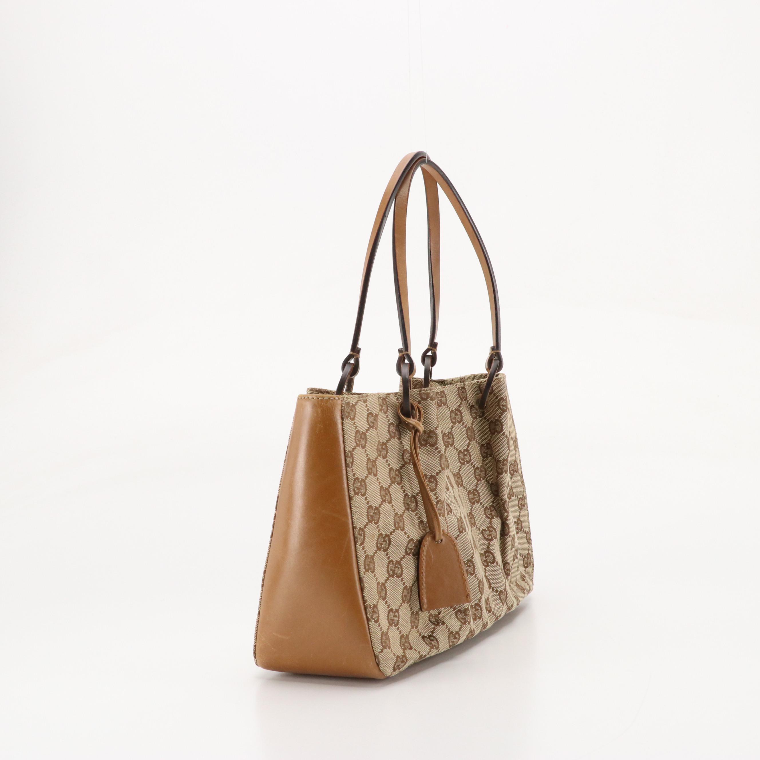 Gucci Shoulder Bag in GG Canvas and Brown Leather Trim