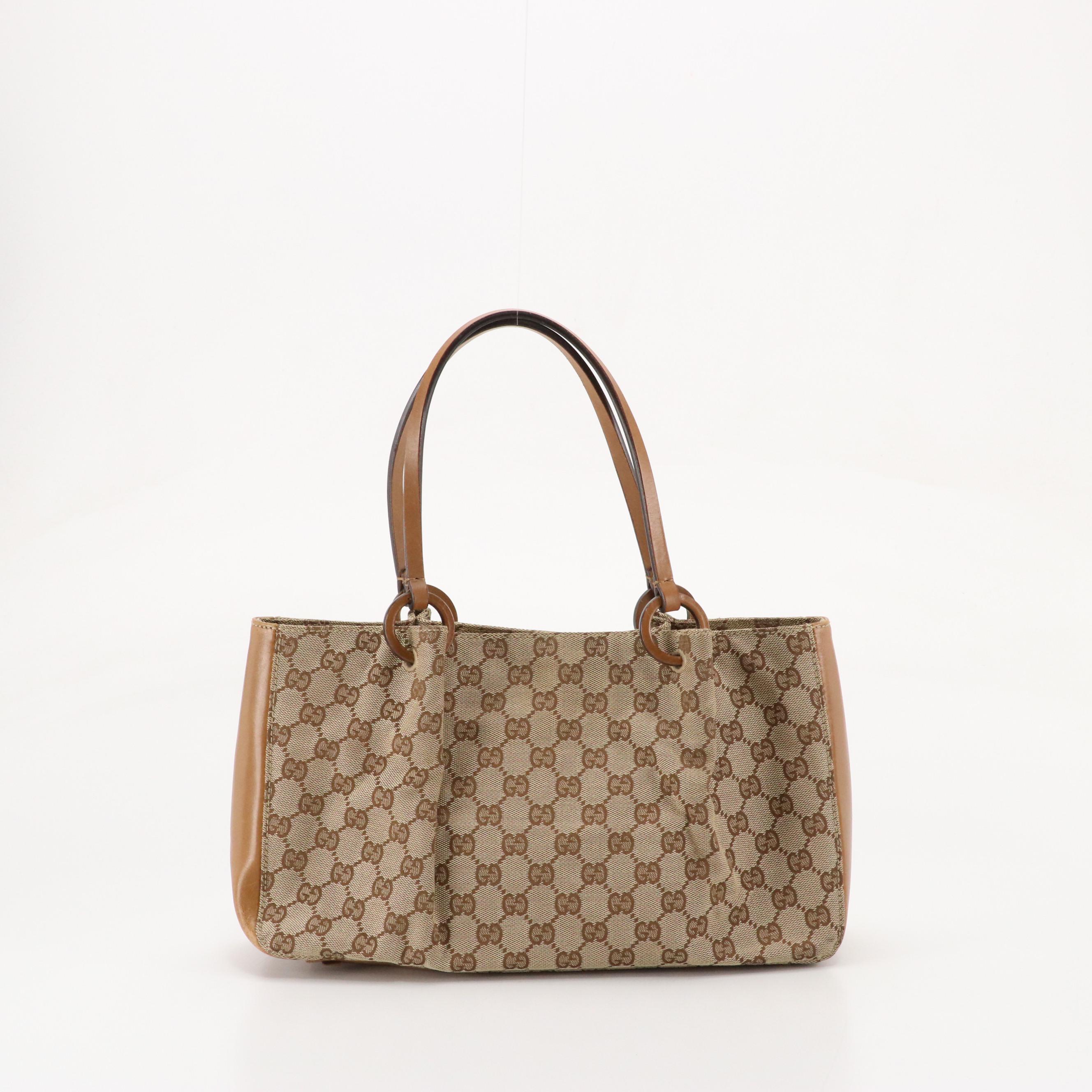 Gucci Shoulder Bag in GG Canvas and Brown Leather Trim