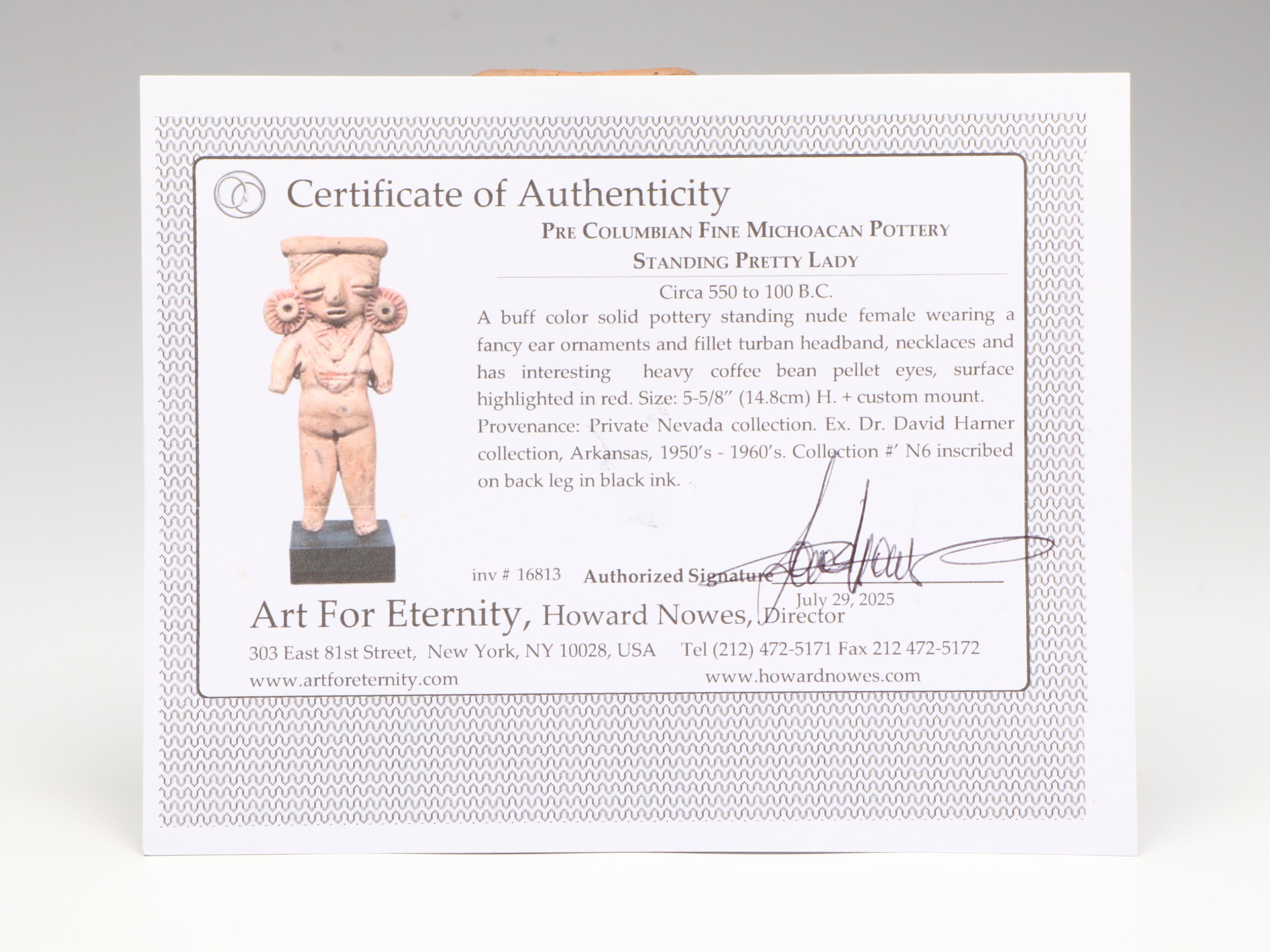 Pre-Columbian Michoacan Pottery Standing Pretty Lady Figure, Circa 550–100 BCE