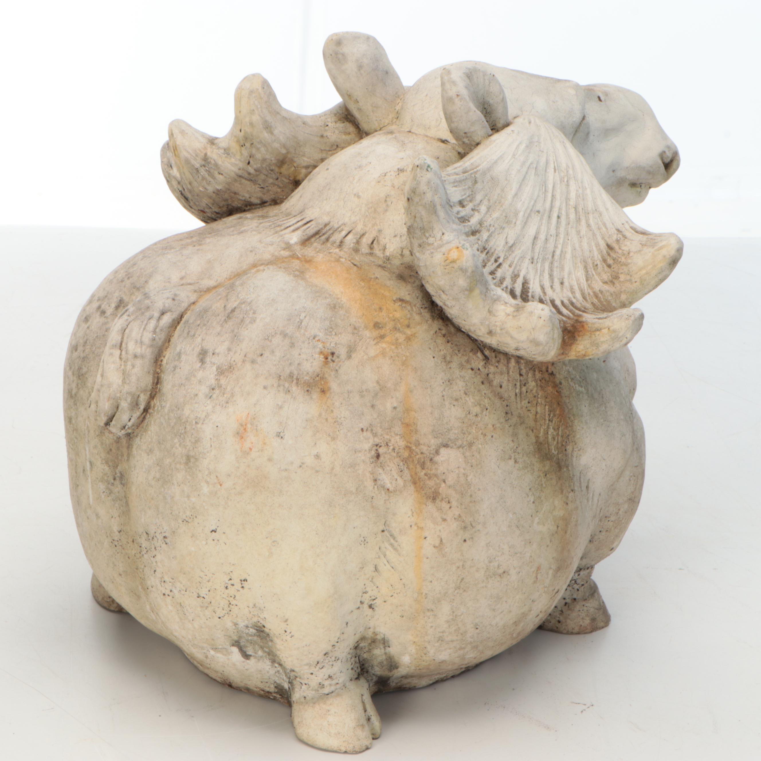 Polychrome-Decorated Concrete Birdwatching Cat with Moose Garden Décor