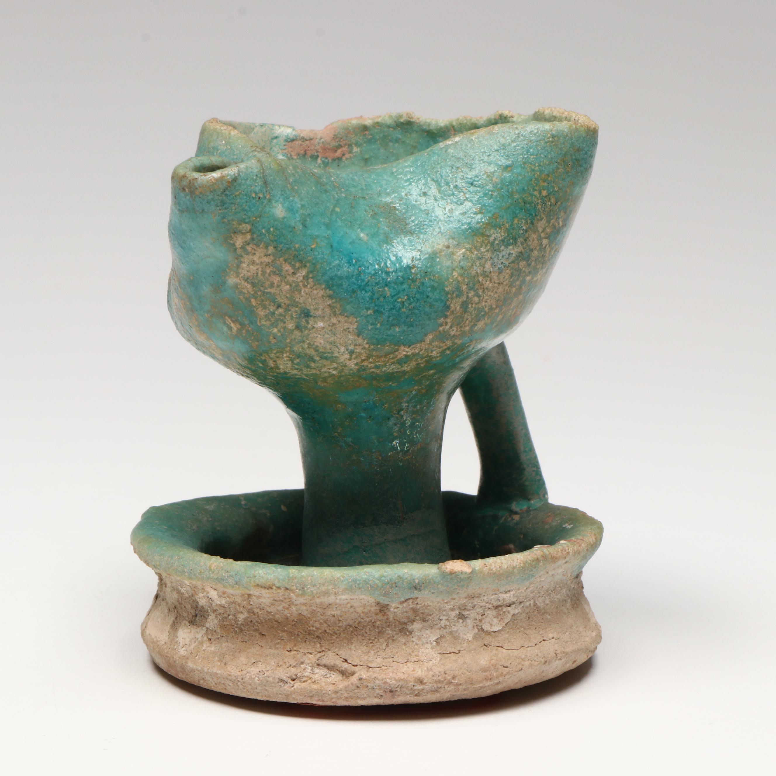 Islamic Turquoise Glaze Pottery Oil Lamp, Circa 10th–12th Century CE