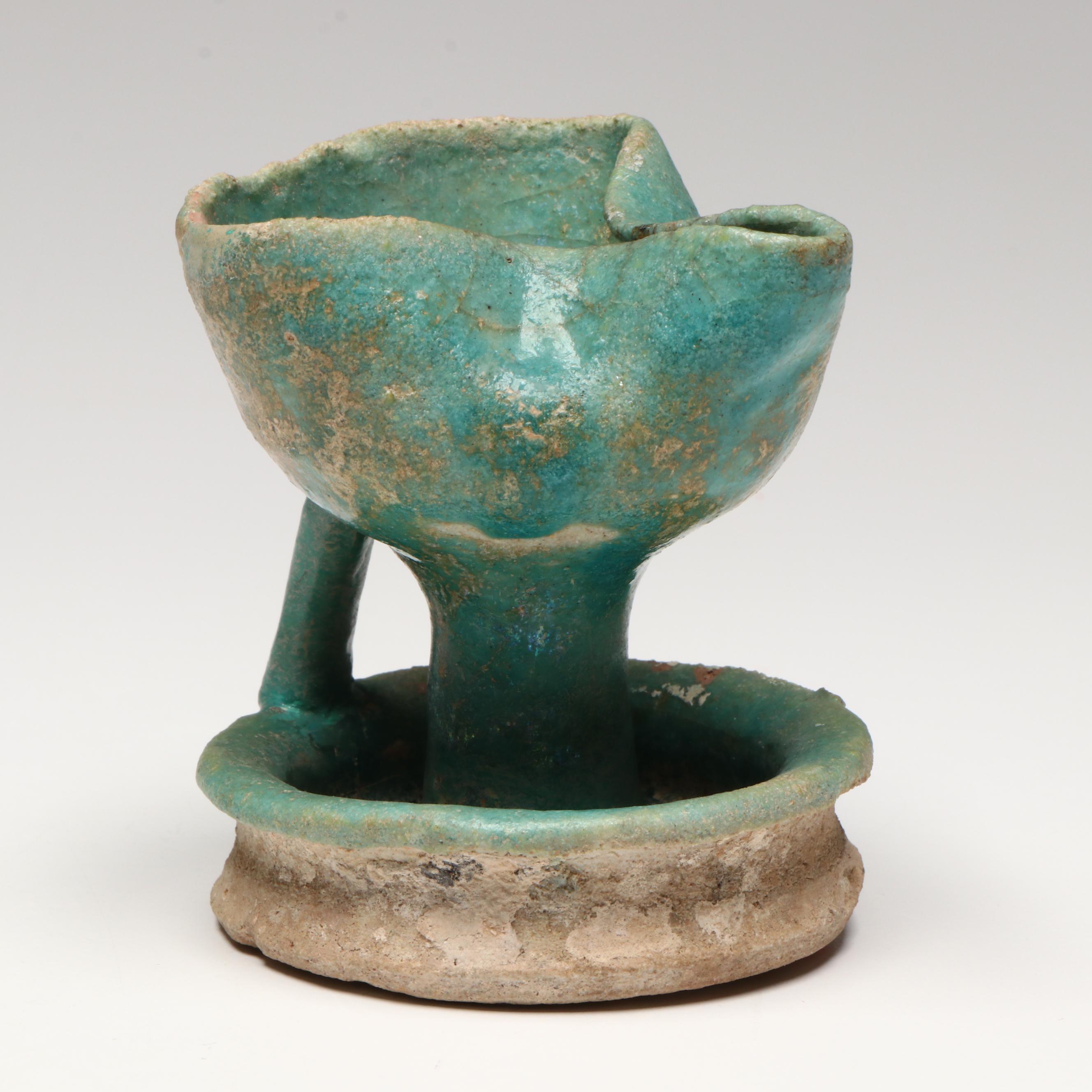 Islamic Turquoise Glaze Pottery Oil Lamp, Circa 10th–12th Century CE