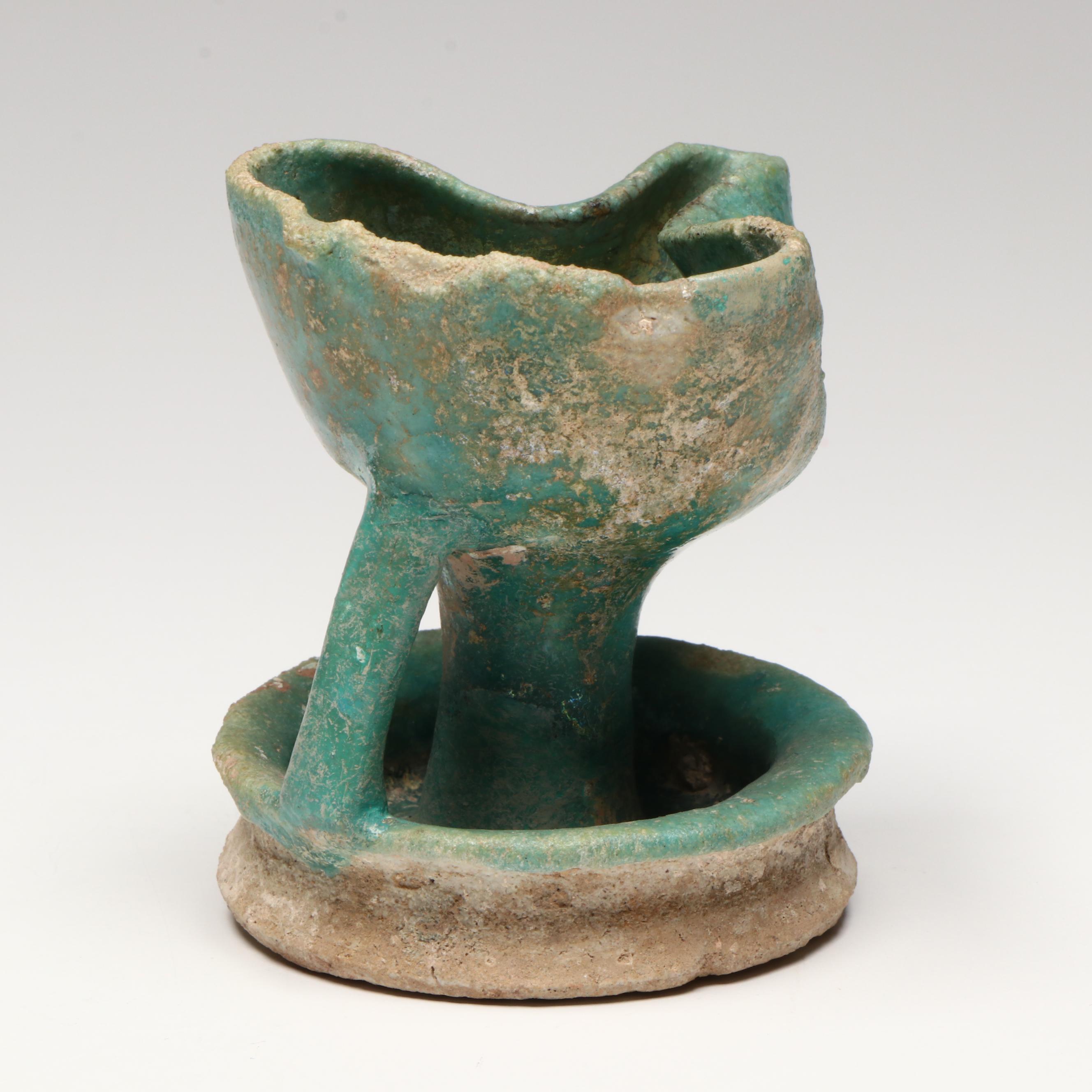 Islamic Turquoise Glaze Pottery Oil Lamp, Circa 10th–12th Century CE