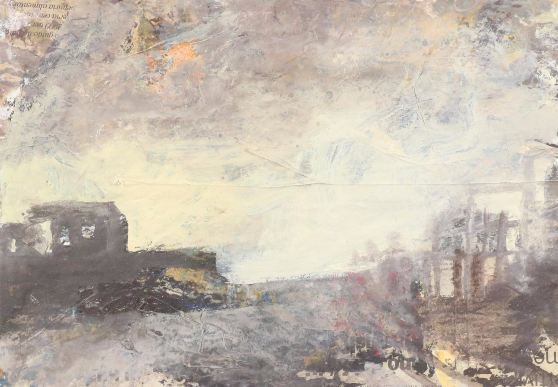 Modernist Industrial Landscape Mixed Media Painting, Late 20th Century