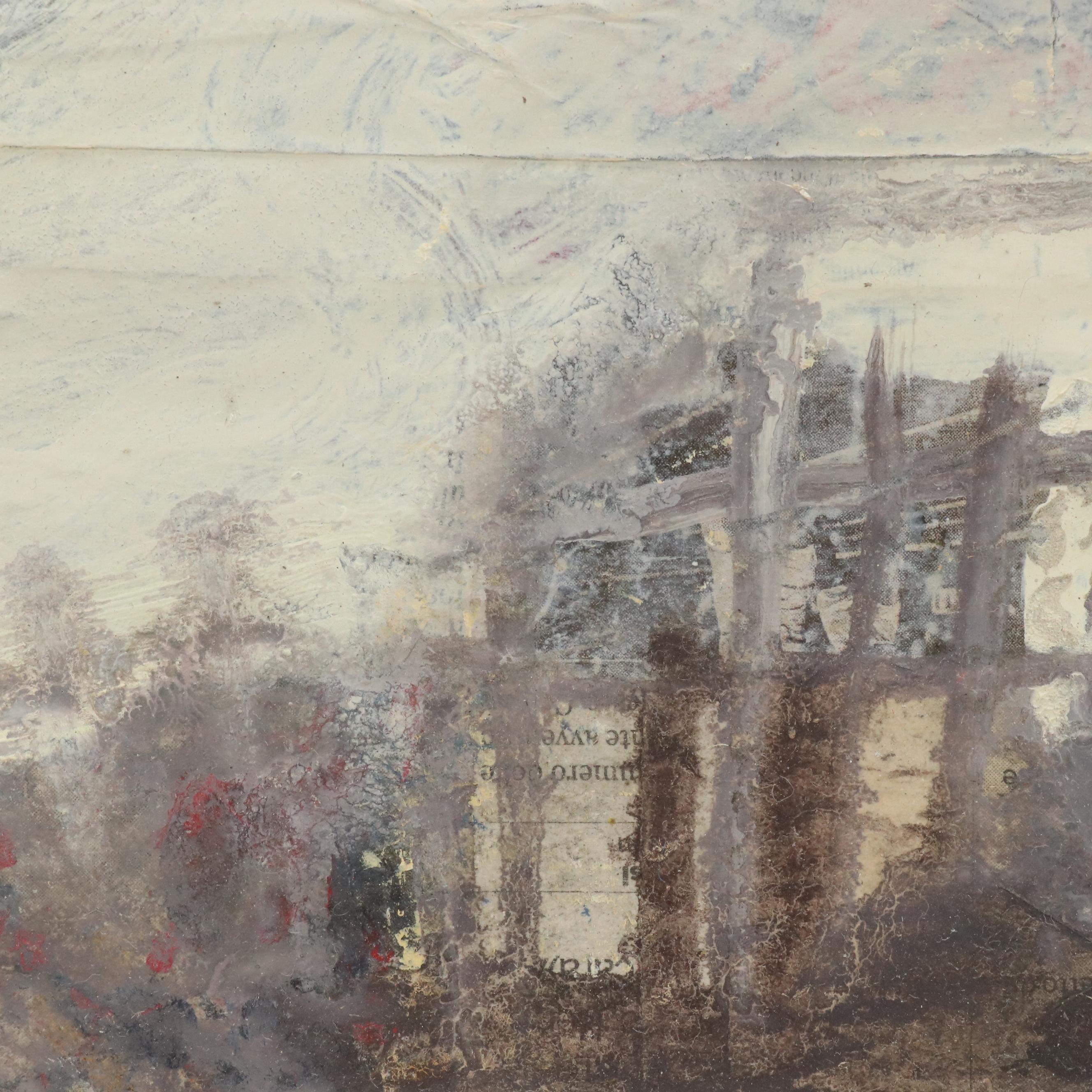 Modernist Industrial Landscape Mixed Media Painting, Late 20th Century