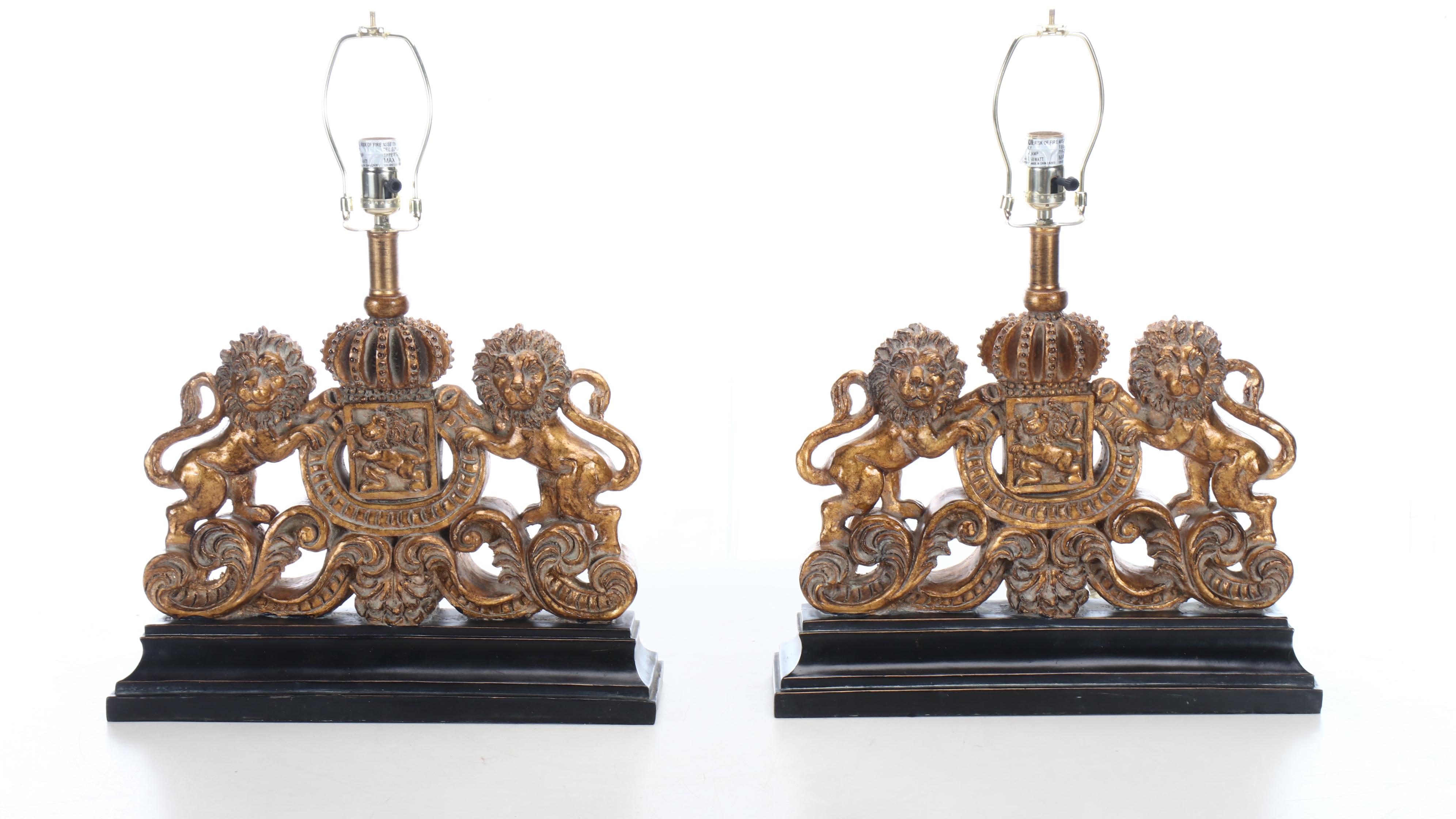 Continental Style Gilt Resin Heraldic Table Lamps with Custom Black Silk Shades