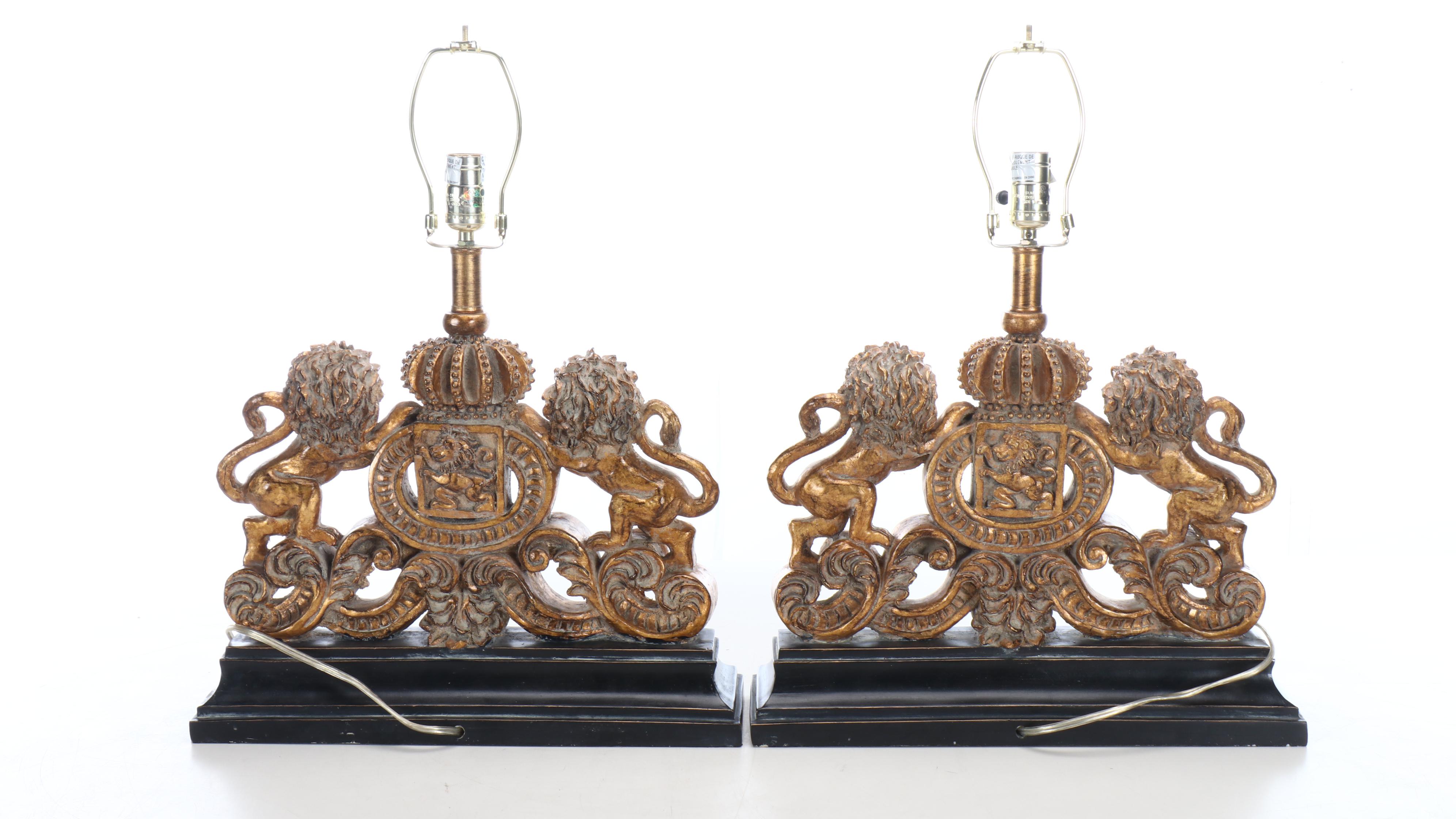 Continental Style Gilt Resin Heraldic Table Lamps with Custom Black Silk Shades
