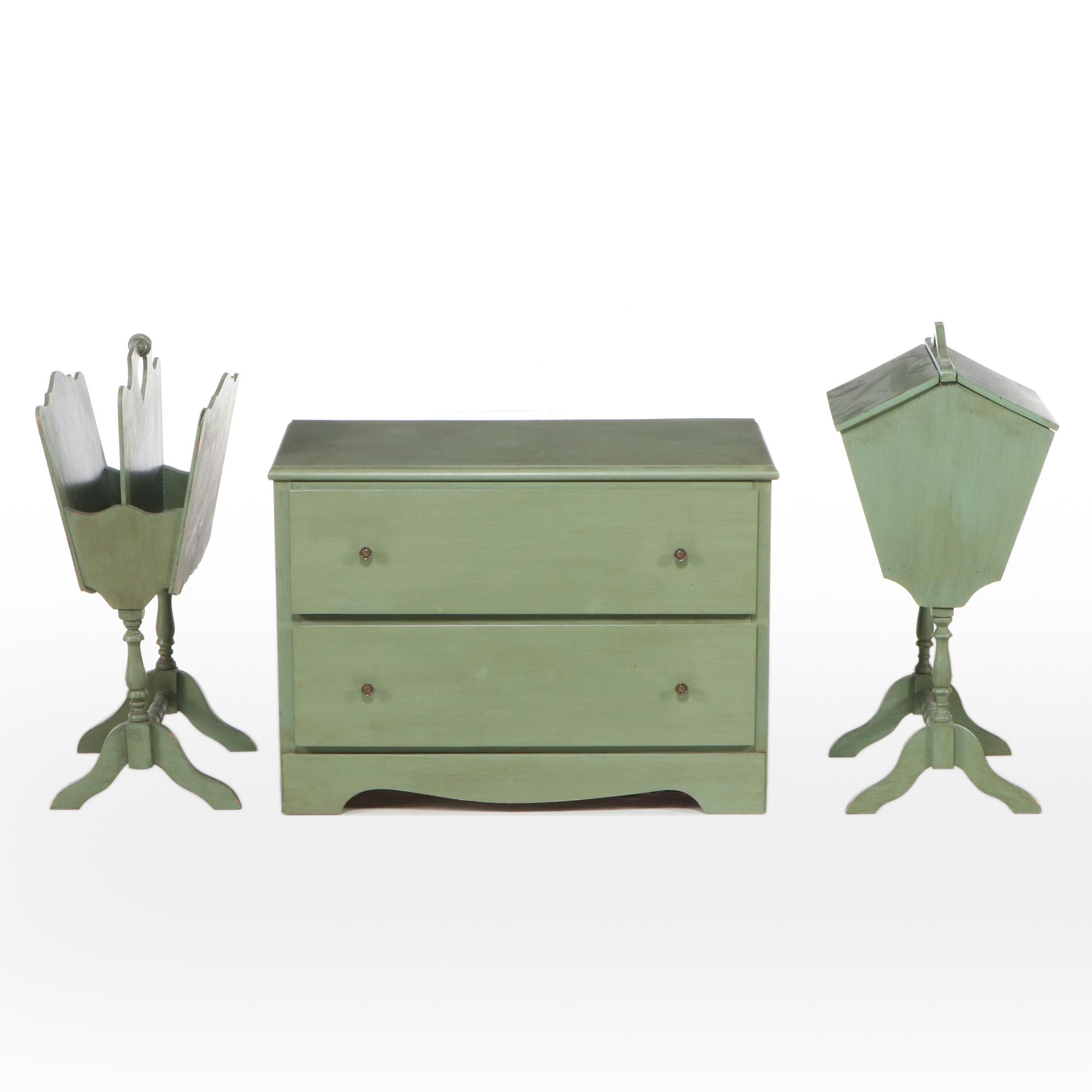 Green Painted Two-Drawer Chest, Magazine Rack, and Knitting Stand.